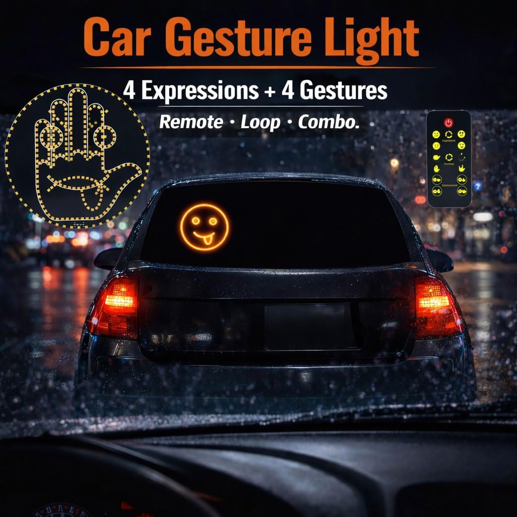 302 Amber LEDs Car Gesture Light – Wireless Remote, Dual Power (3×AA or Type-C 5V/2A), Rear Window Sign, Fun Car Accessory, Easy Adhesive Install