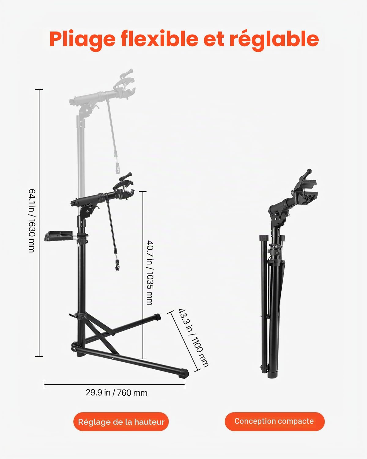 VEVOR Pied d'atelier vélo pliable, hauteur réglable 1035-1630 mm, support de réparation de vélo robuste, charge 38,56 kg, stand de bicyclettes avec plateau à outils magnétique, pour VTT et vélos route