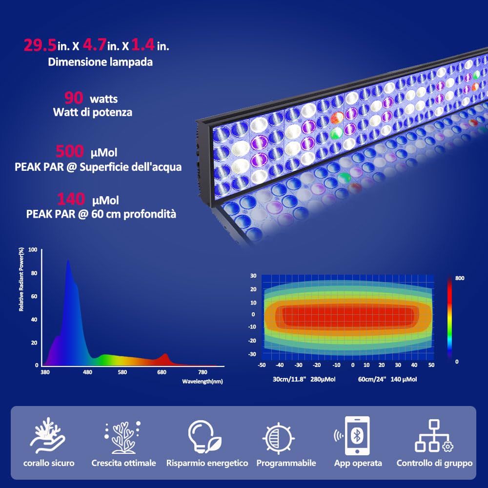 PopBloom illuminazione acquario a led lampada acquario a led recifal acquario di barriera luce acqua di mare per acquario marino vasca coralli (Lampada da 75cm)