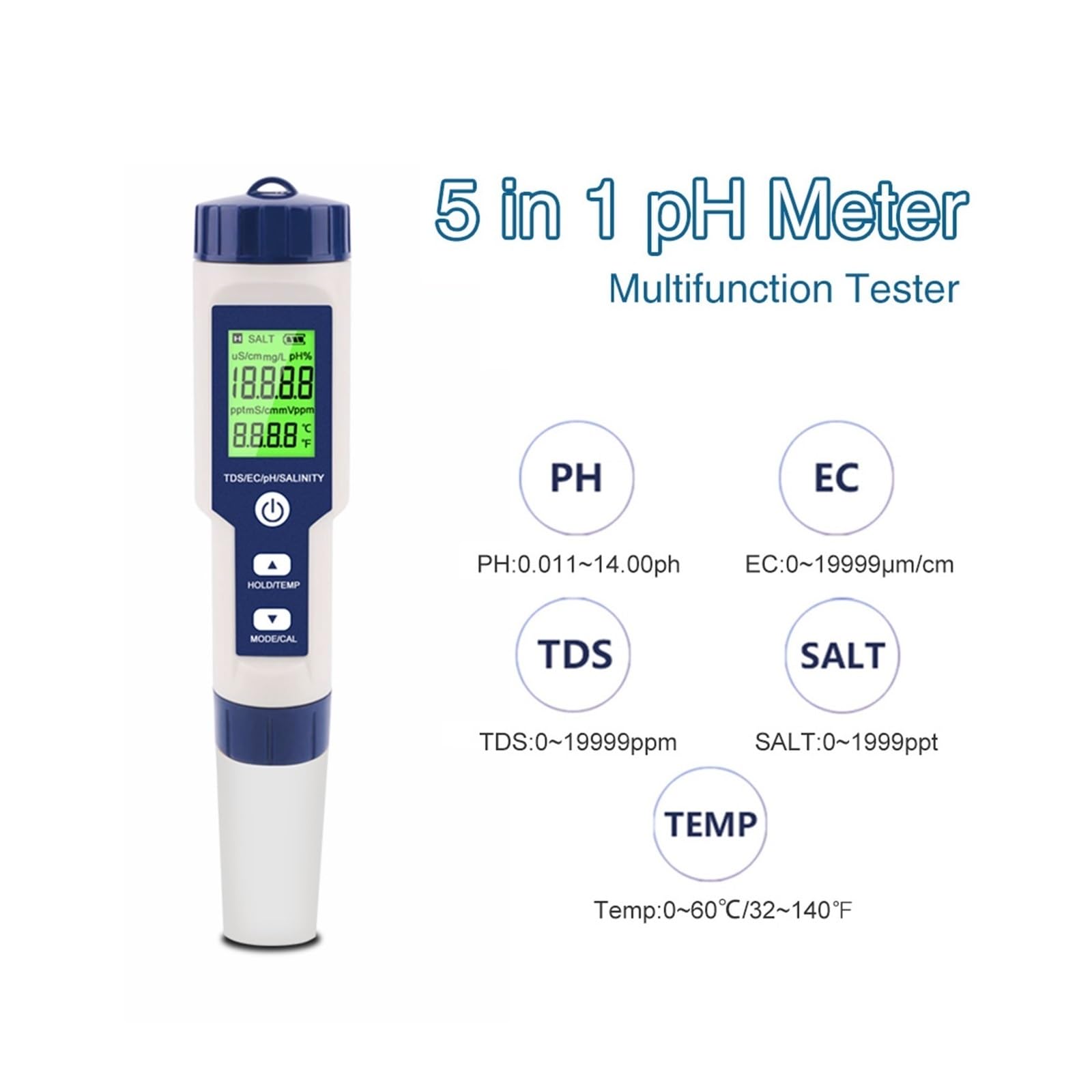 Kit per l'analisi dell'Acqua, Tester di qualità Acqua 5 in 1 LCD Digitale PH/TDS/EC/Sale/Temp Misuratore Ez 9909 Monitor for Piscine Acqua Potabile Acquari