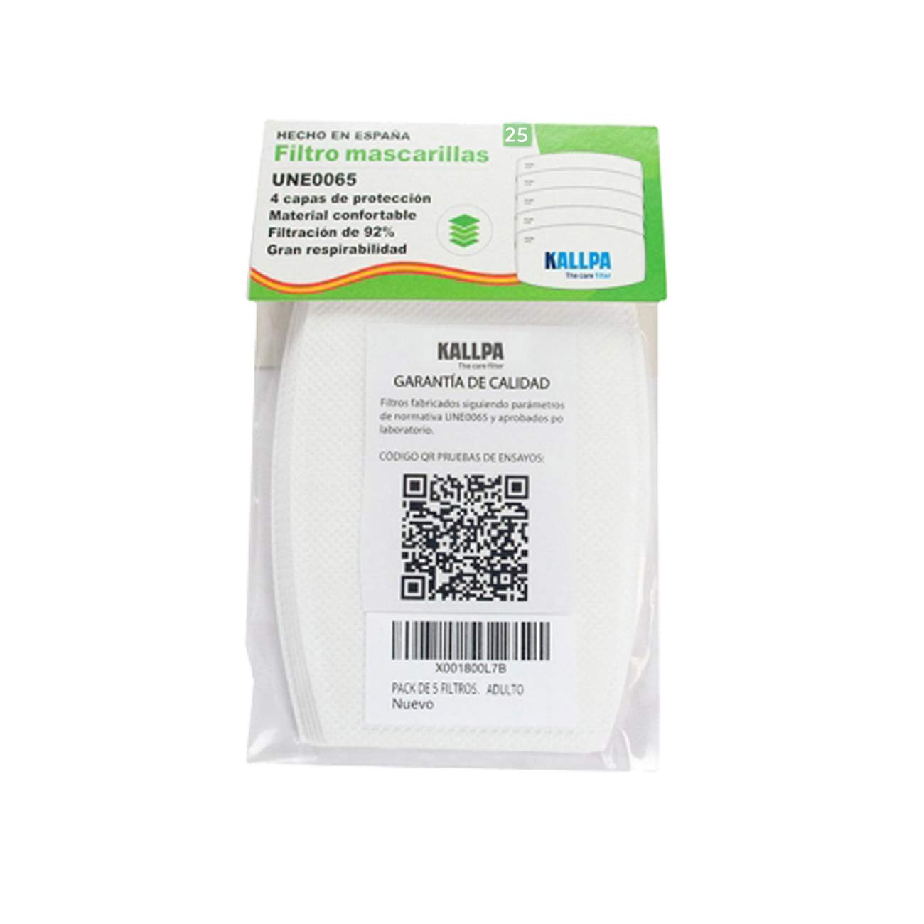KALLPA® Pack de 25 filtros para mascarillas UNE0065 - REUTILIZABLES - fabricados en España - hidrófobo, antiestático y antibacteriano, muy transpirable (TNT) (Pack adulto 25 ud)