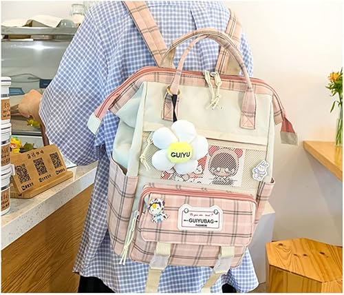 Miniatura 2 de Mochila japonesa linda para mujer, 5 unidades, diseño a cuadros, diseño de dibujos animados, bolsa de viaje, suministros de regreso a clases, bolsa