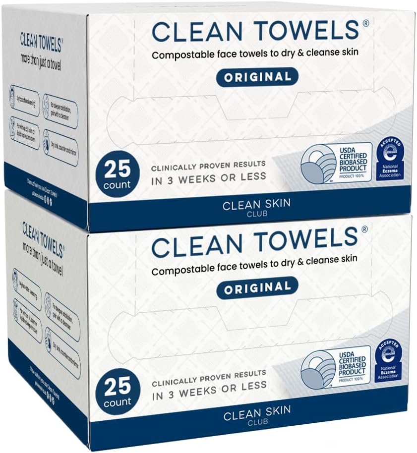 Clean Towels, 100% USDA Biobased Dermatologist Approved Face Towel, Disposable Clinically Tested Face Towelette, Facial Washcloth, Makeup Remover Dry Wipes, Ultra Soft, 50 ct, 2 pack