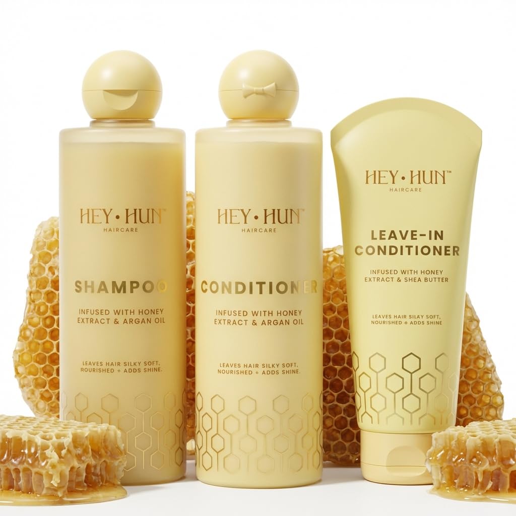 Hey Hun Sulphate Free Shampoo Conditioner Set with Leave In Conditioner - Argan Oil Hair Treatment Set for Curly Hair Products, Dry Damaged Hair Treatment - Moisturising Shampoo with Honey 3pc Kit