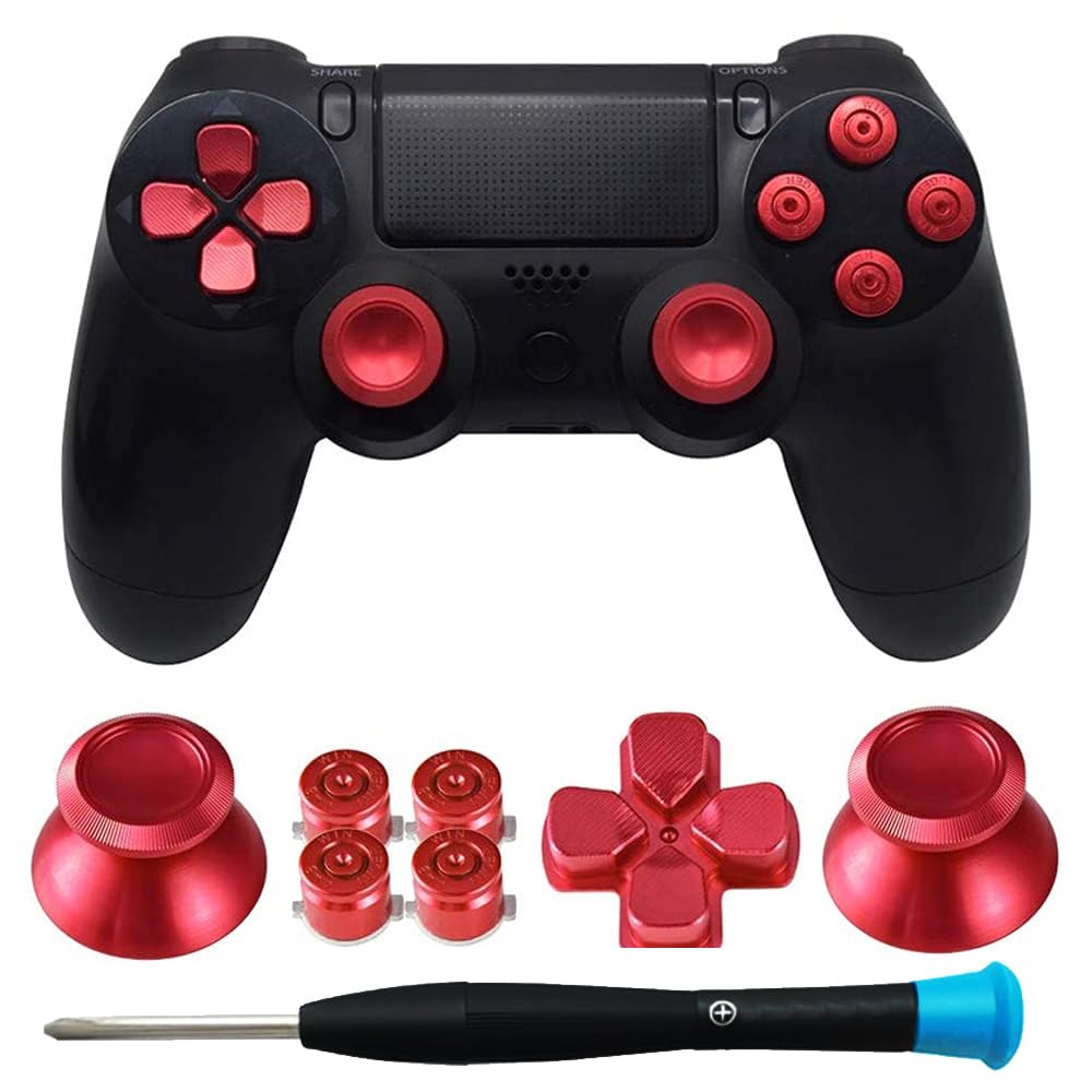 MMOBIEL Botones de Bala de Metal para Playstation 4 PS4, PS4 Slim y PS4 Pro Dualshock, 4 Tapas de Pulgar metálicas de Aluminio, Recambio de D-Pad para Mando de Playstation 4 Rojos