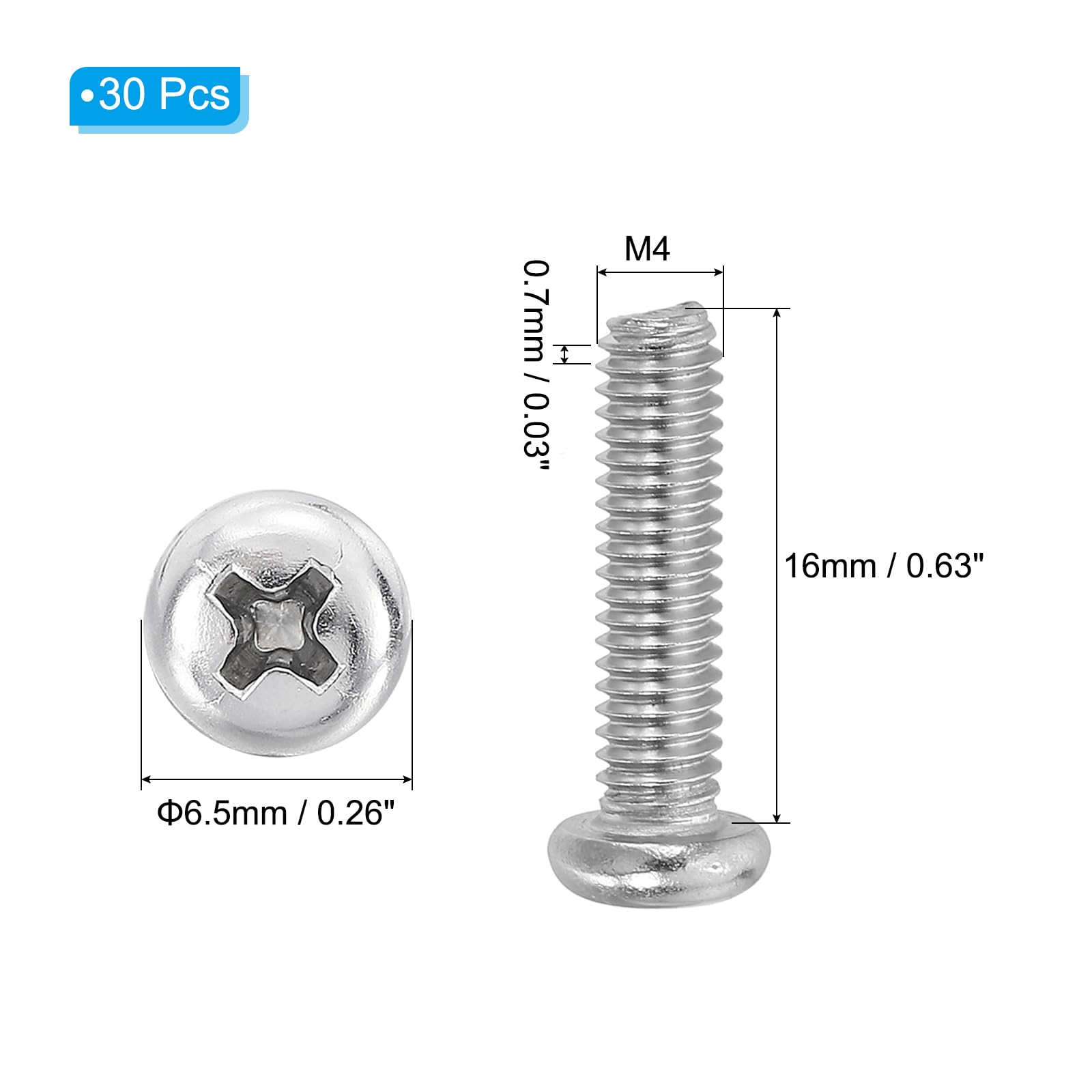 PATIKIL Phillips Pan Head Screws, 30 Pack M4-0.7 x 16mm 304 Stainless Steel 18-8 Full Thread, Pan Head Machine Phillips Drive Screw - Image 2