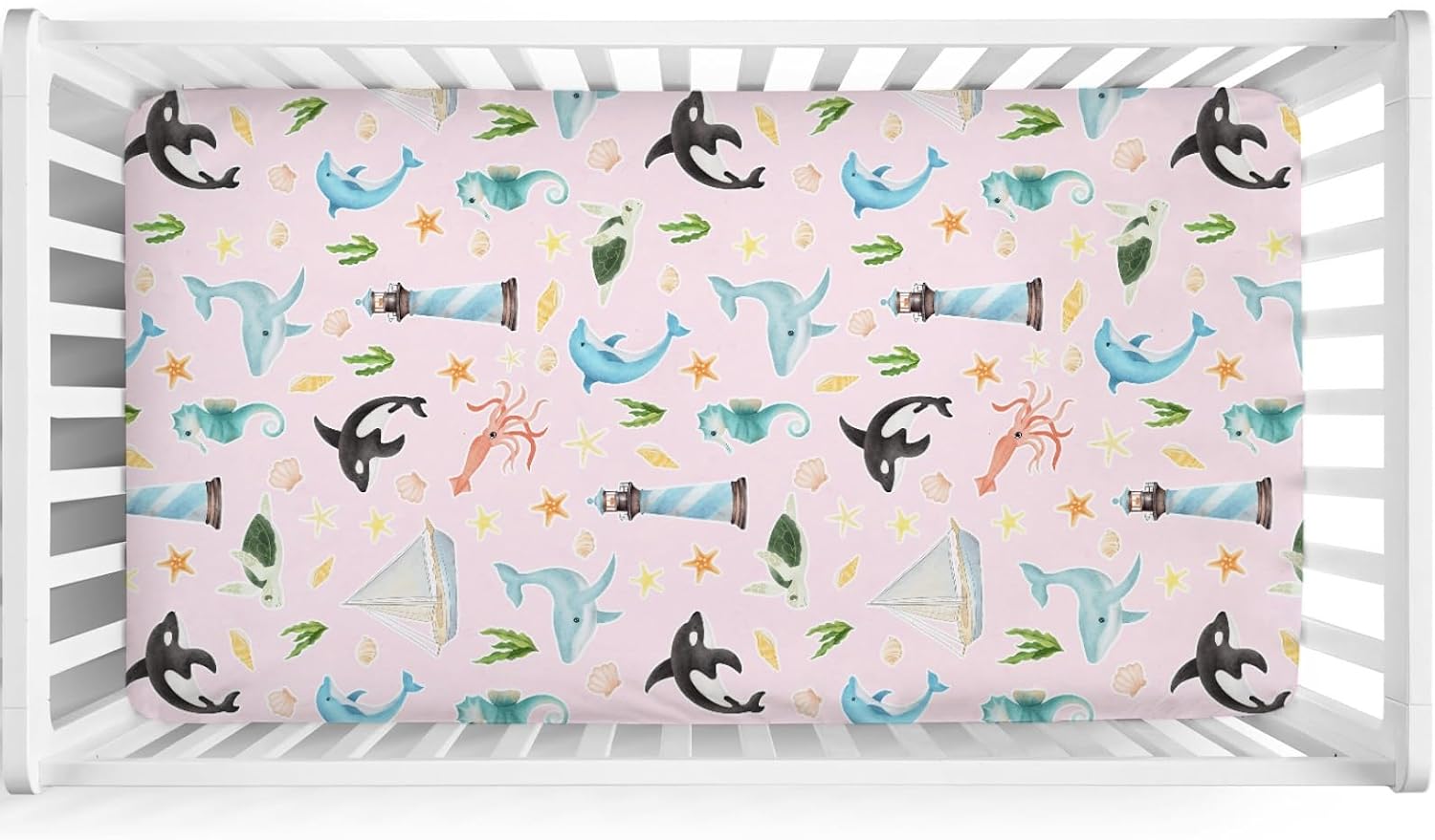 Colorful Sea Animals Baby Crib Sheet 52''x28'' Ocean Whale Dolphin Turtle Shells Coral Lighthouse Ship Stretchy Fitted Crib Mattress Cover for Boy Girl Baby Sheets for Standard Crib Toddler Mattress