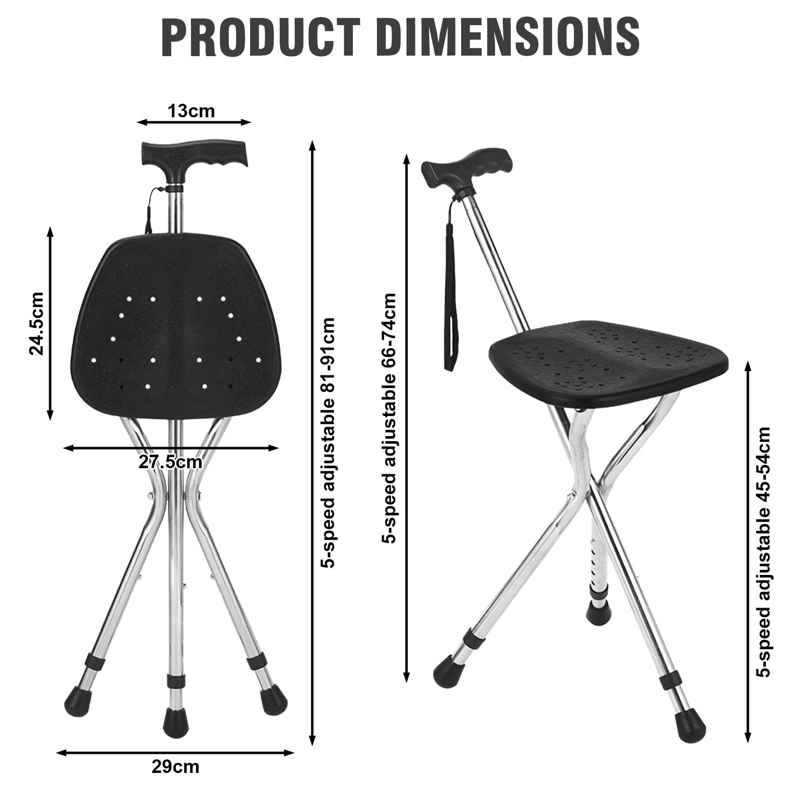 Gehstock mit Sitz, Sitzstock 120kg Kapazität, Große Sitzbrett In Fünf Positionen Höhenverstellbar, Cane und Hocker Dual-use, Spazierstock mit Sitz für Ruhende Erwachsene, Senioren und Genesener