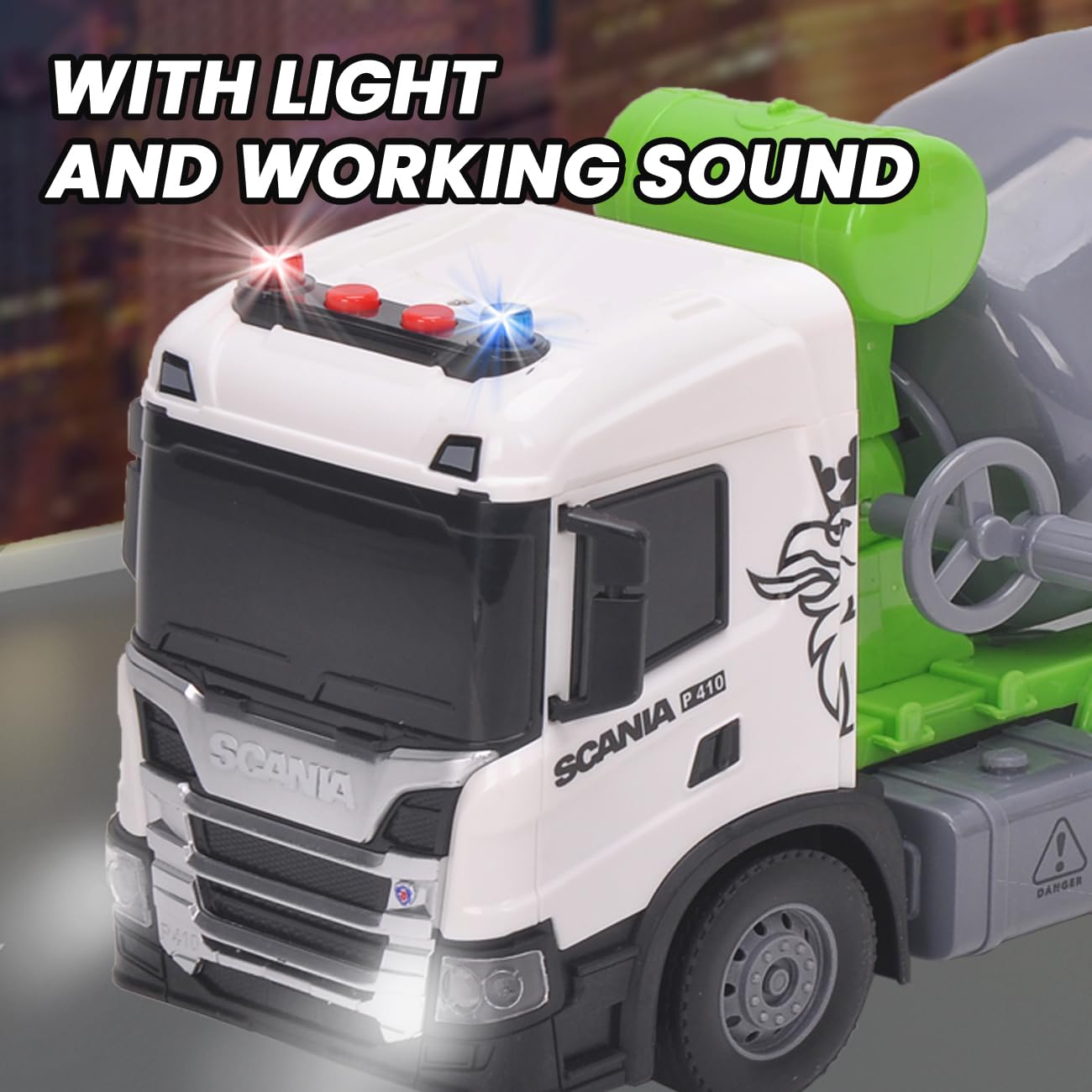 Bétonneuse Jouet - Scania 30,8CM Camion Malaxeur à béton avec Lumières et Son, Robuste Véhicule de Construction pour Enfants Garçons
