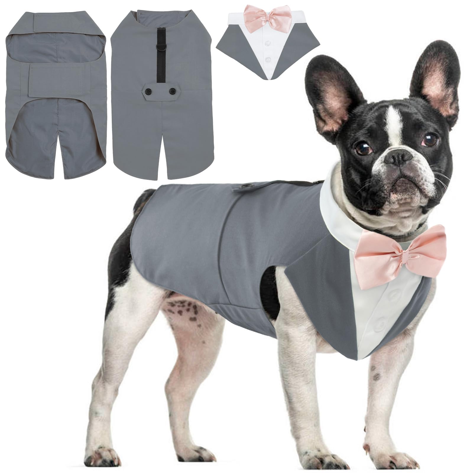 Hjyokuso Traje de Esmoquin para Perros de Tamaño Pequeño/Mediano/Grande, Ropa para Mascotas, Camisa para Cachorros con Lazo Negro Extraíble, Disfraz Formal para Bodas y Festivales(Gris, S)