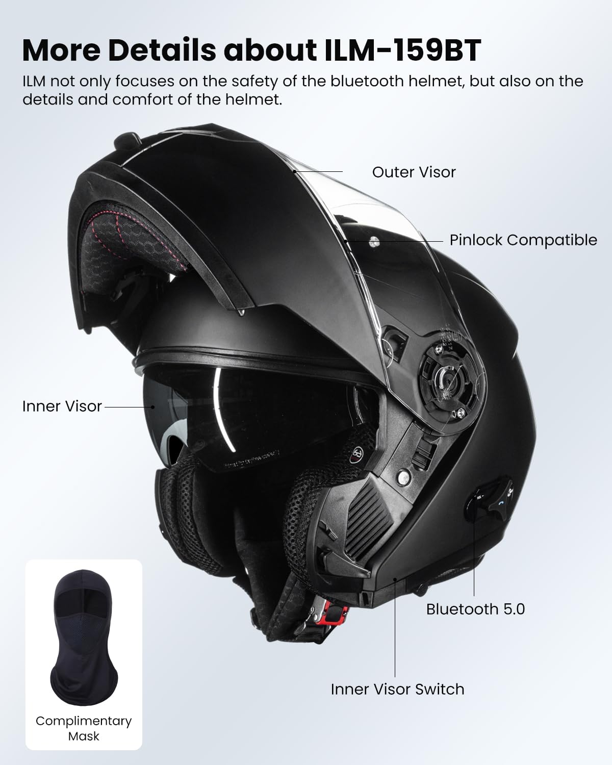 ILM Bluetooth Motorradhelm Klapphelm Modular Integralhelm Intercom für 2-3 Fahrer Doppelvisier mit Sturmhaube ECE22.06 Modell 159BT