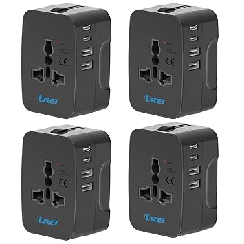 OREI 5 in 1 Universal Travel Adapter with Type C - International Travel Adapter - 2X USB-A and 2X USB-C (3.4A) - Universal Socket for USA, UK, Europe & More CE, FCC Certified 4 Pack