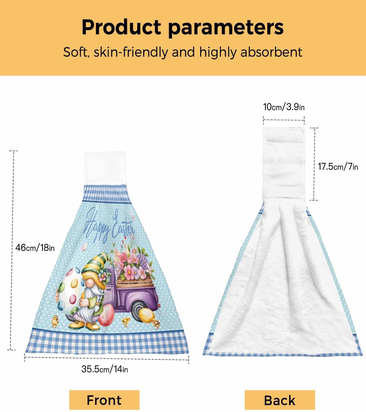 Easter Kitchen Hand Towels with Hanging Loops Set of 2 Gnomes Colorful Dots Eggs Truck Flowers Blue Plaid Soft Thick Oven Fingertip Dry Microfiber Tie Dish Towel Absorbent Cleaning Washcloth