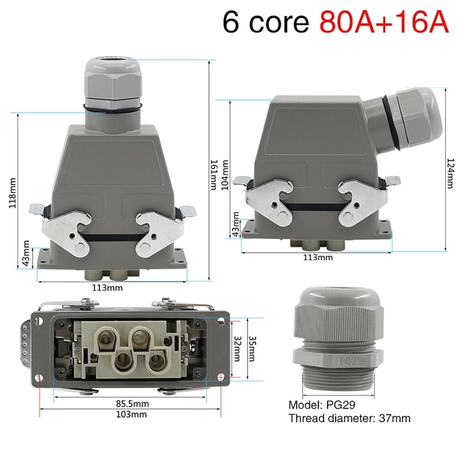 Rectangular Heavy Duty Connector HDC-HD-4/2 6 Core Pins Waterproof Industrial Tool Socket 80A+16A 500V(Lateral line)