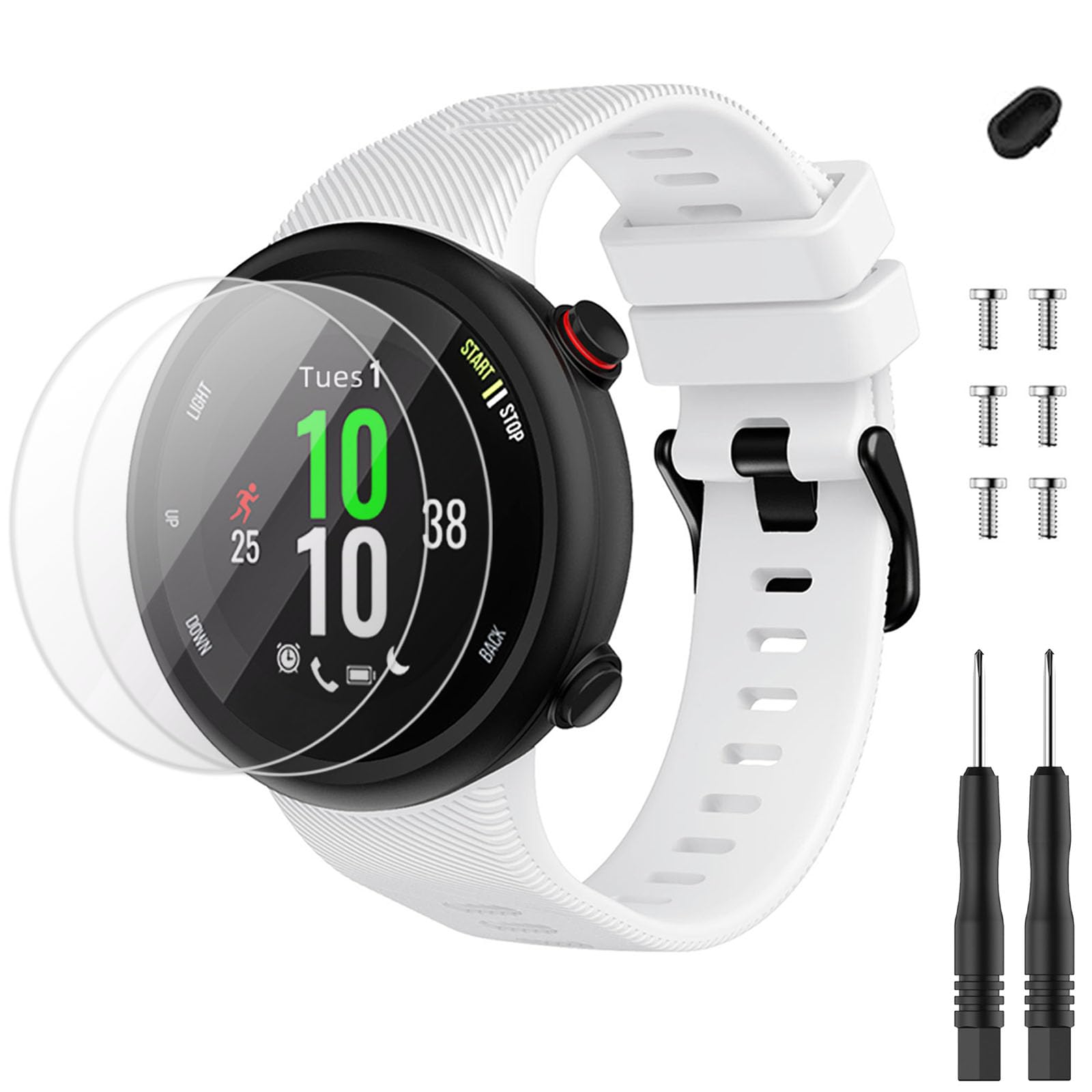 TopPerfekt Strap Compatible with Garmin Forerunner 45 and 2 x Screen Protector, Sport Silicone Wristband Arm Band Replacement Bracelet for Forerunner 45 (White)