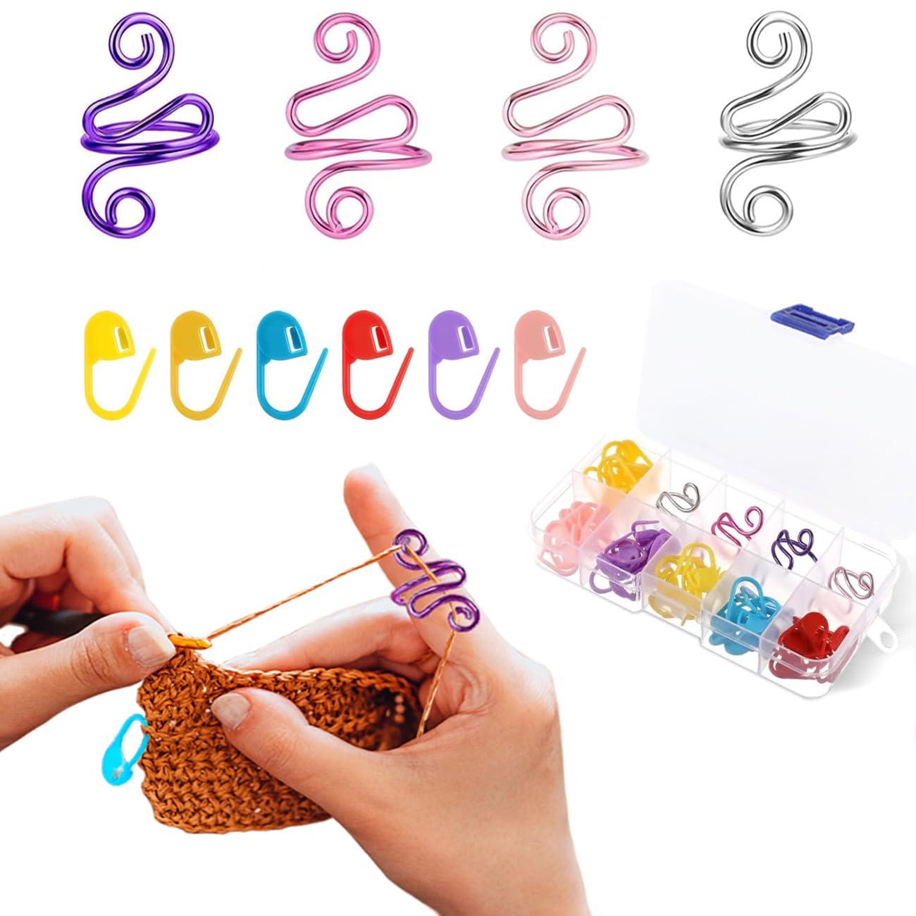 Hand Crochet Tension Rings Set, 4Pcs Crochet Ring + 60Pcs Stitch Markers, Adjustable Crochet Finger Guard, Yarn Tension Control Rings for Hand Crocheters Knitters, Moms (Multicolor)