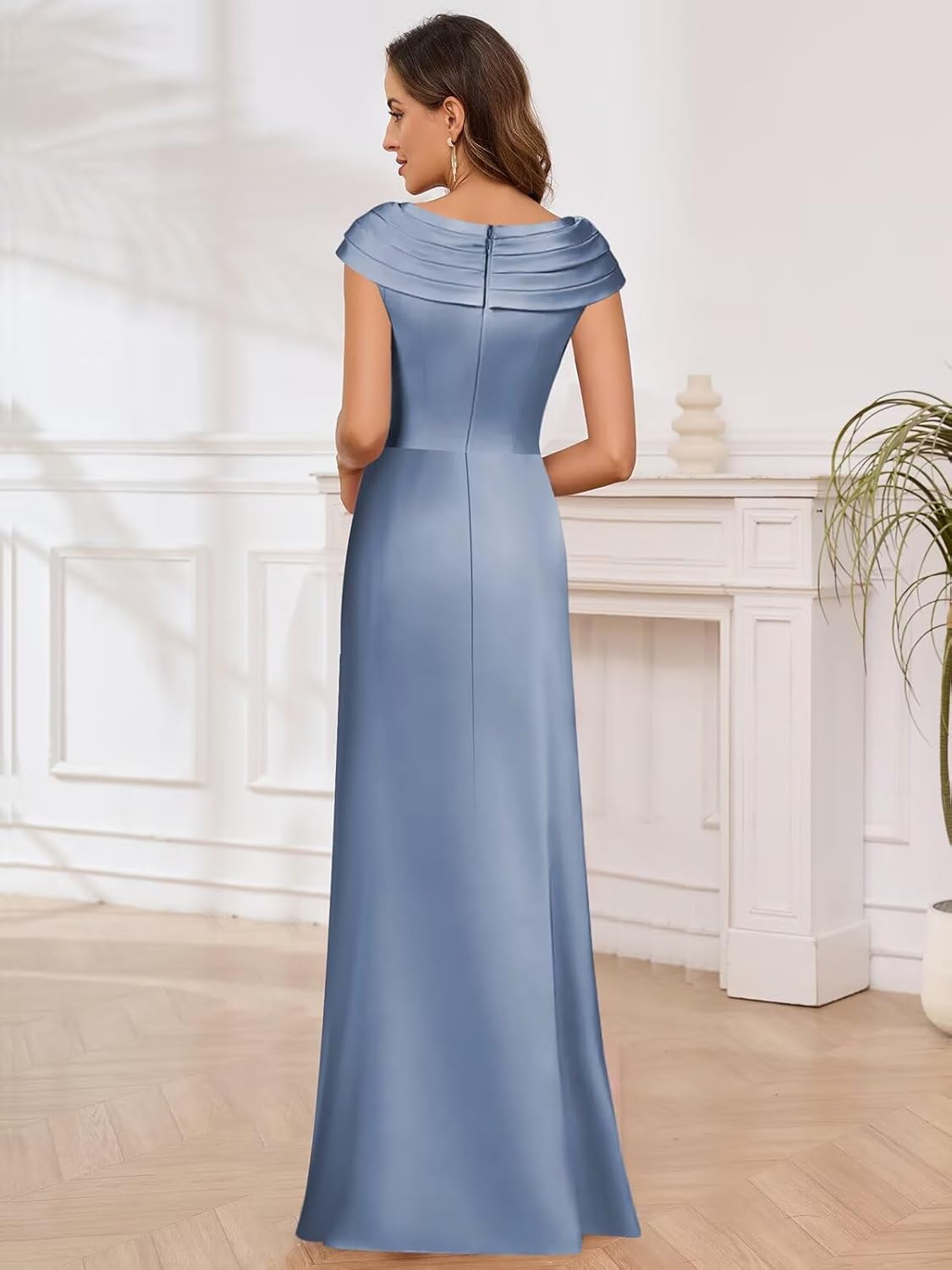 Women's Satin Mother of The Bride Dresses with Slit Long Beaded V Neck Formal Dress - Image 3
