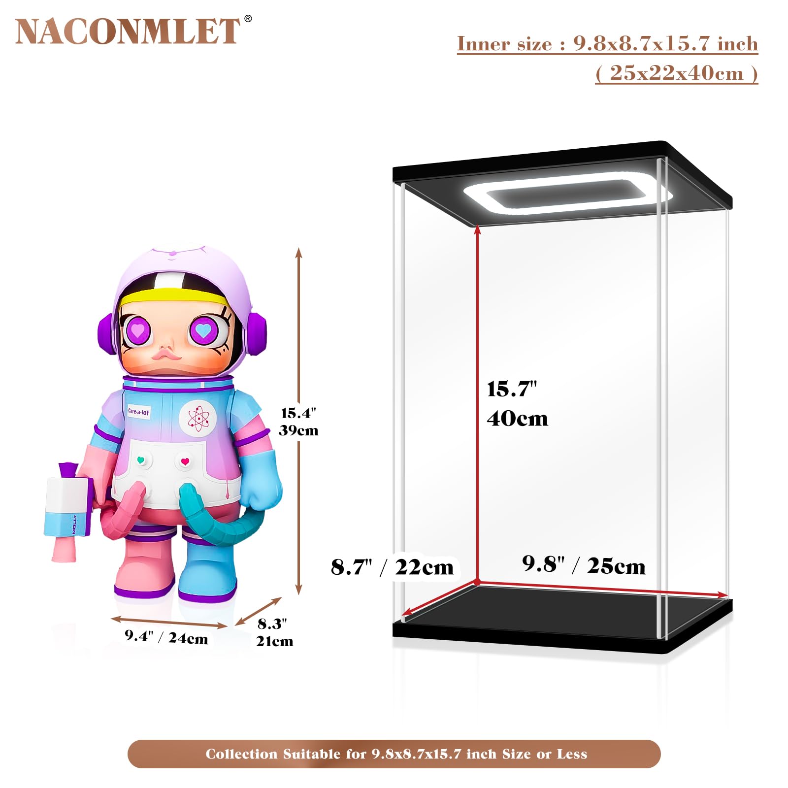 Acryl Vitrine, Schaukasten mit RGB LED für Popmart MEGA 400%, 25x22x40cm