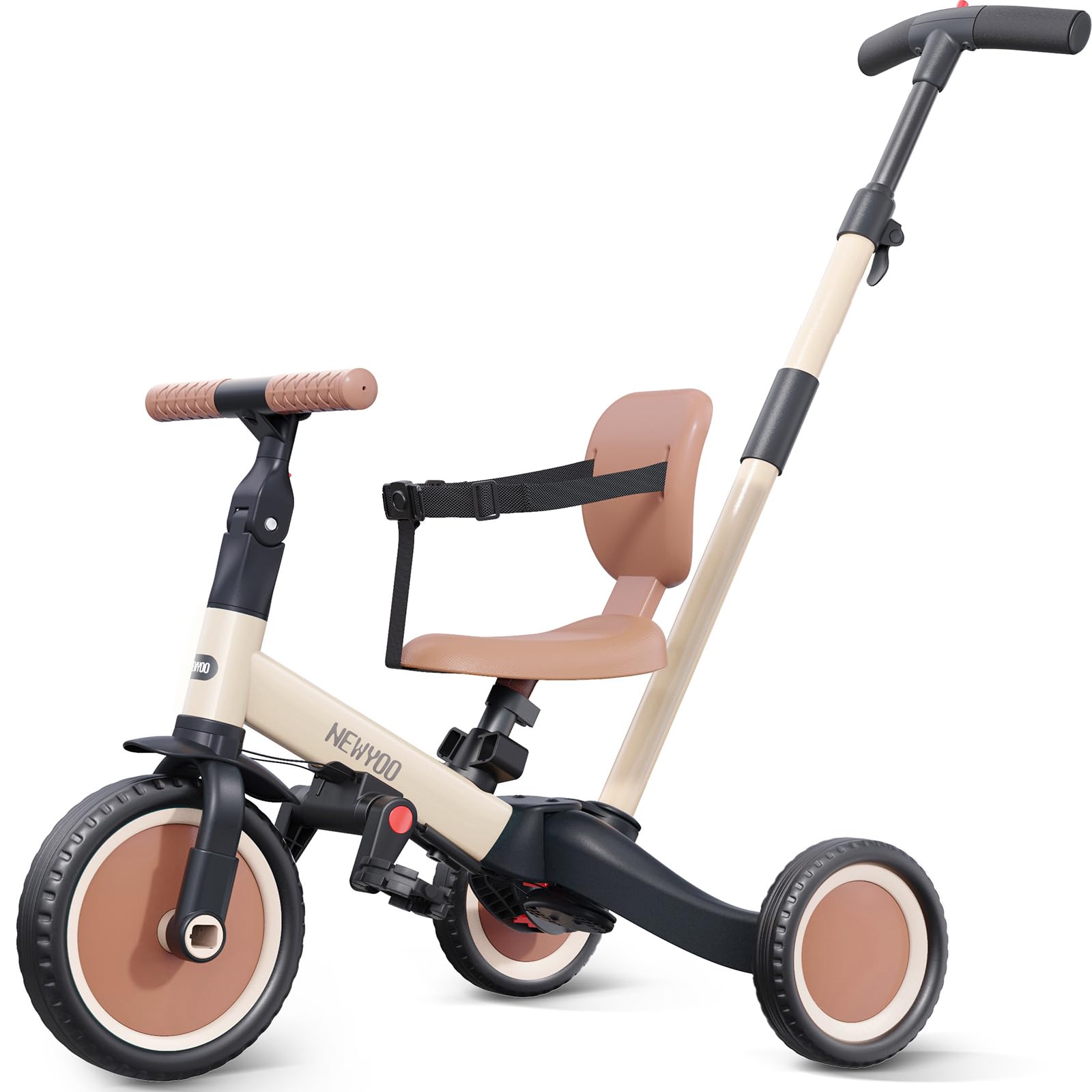 newyoo Toddler Tricycle with Push Handle for 1-3 Year Old, Toddler Bike, Birthday Gift and Toy for Boys and Girls, 5 in 1 Kids Trike, Balance Bike with Backrest and Safety Belt, Khaki, TR007