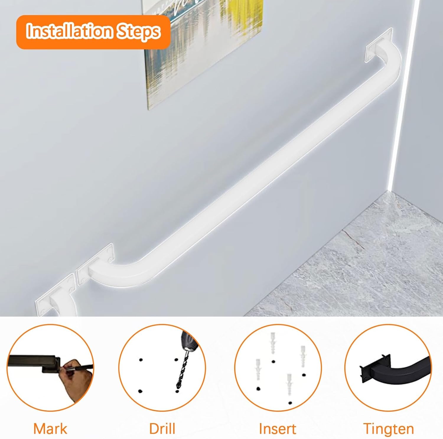 Drsyffsup 1FT-15FT Industrial Staircase Handrail, Banister Exterior Hand Railing for Indoor Outdoor, Metal Wrought Iron Wall Support Safety Hand Rail, White Iron Pipe.(15 FT)