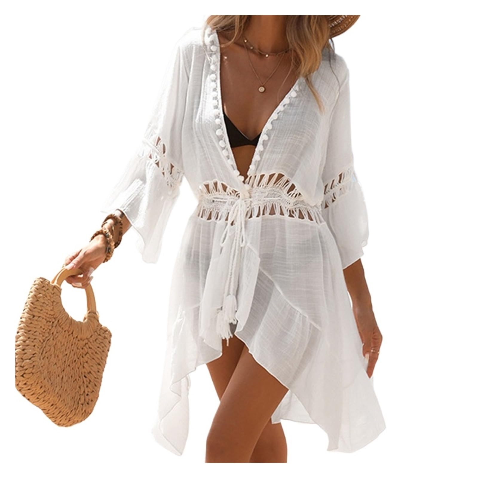 Robe de Plage en Crochet Col en V Demi Manches épissage Crochet tricoté Tunique Plage Cache-up Robe de vêtements Femmes