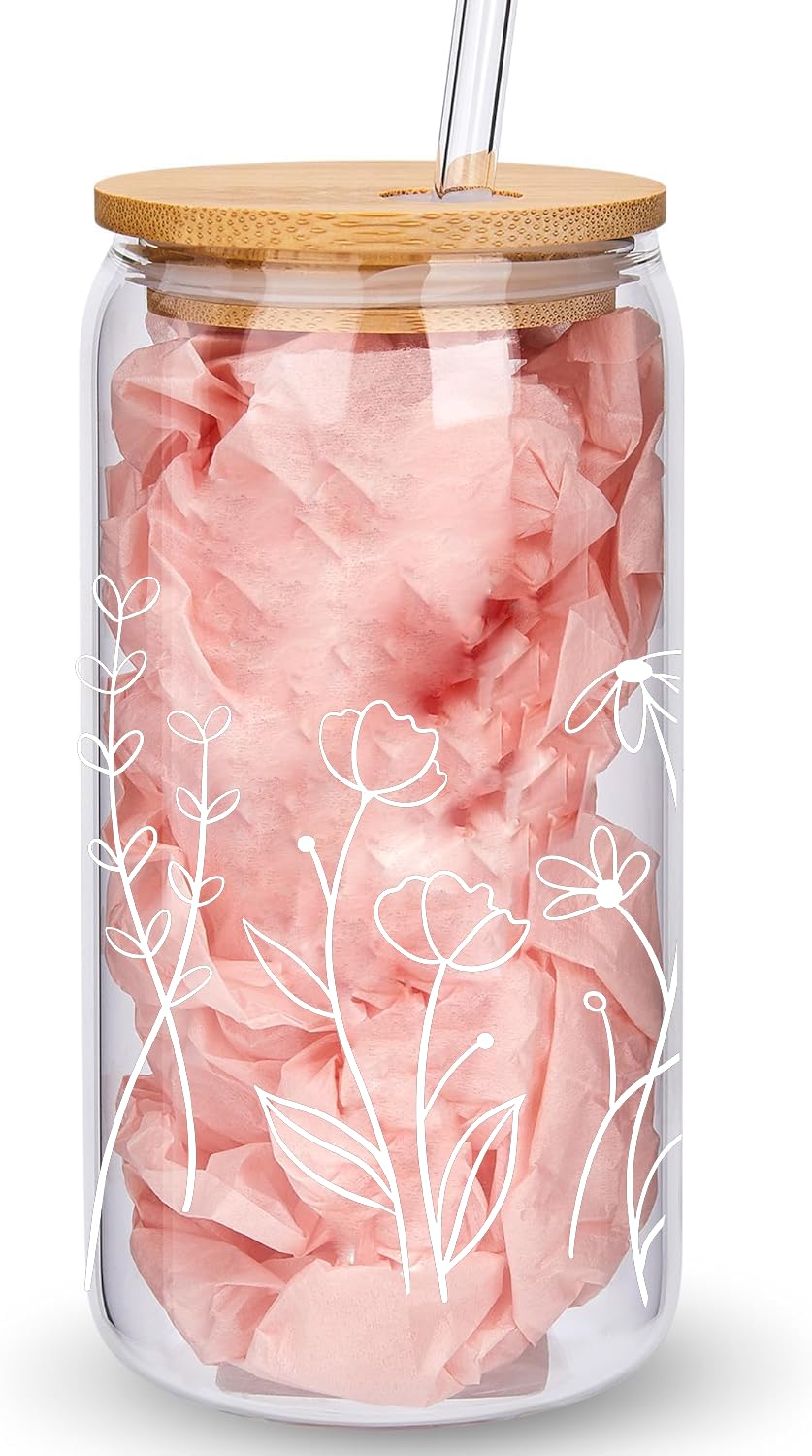 Wildflower Glass Cups with Lids and Straws，Aesthetic Iced Coffee Cup，16oz Floral Coffee Mugs, Gifts for Women Friend Sister Her Coffee Bridesmaid Mom Teacher Colleage Birthday