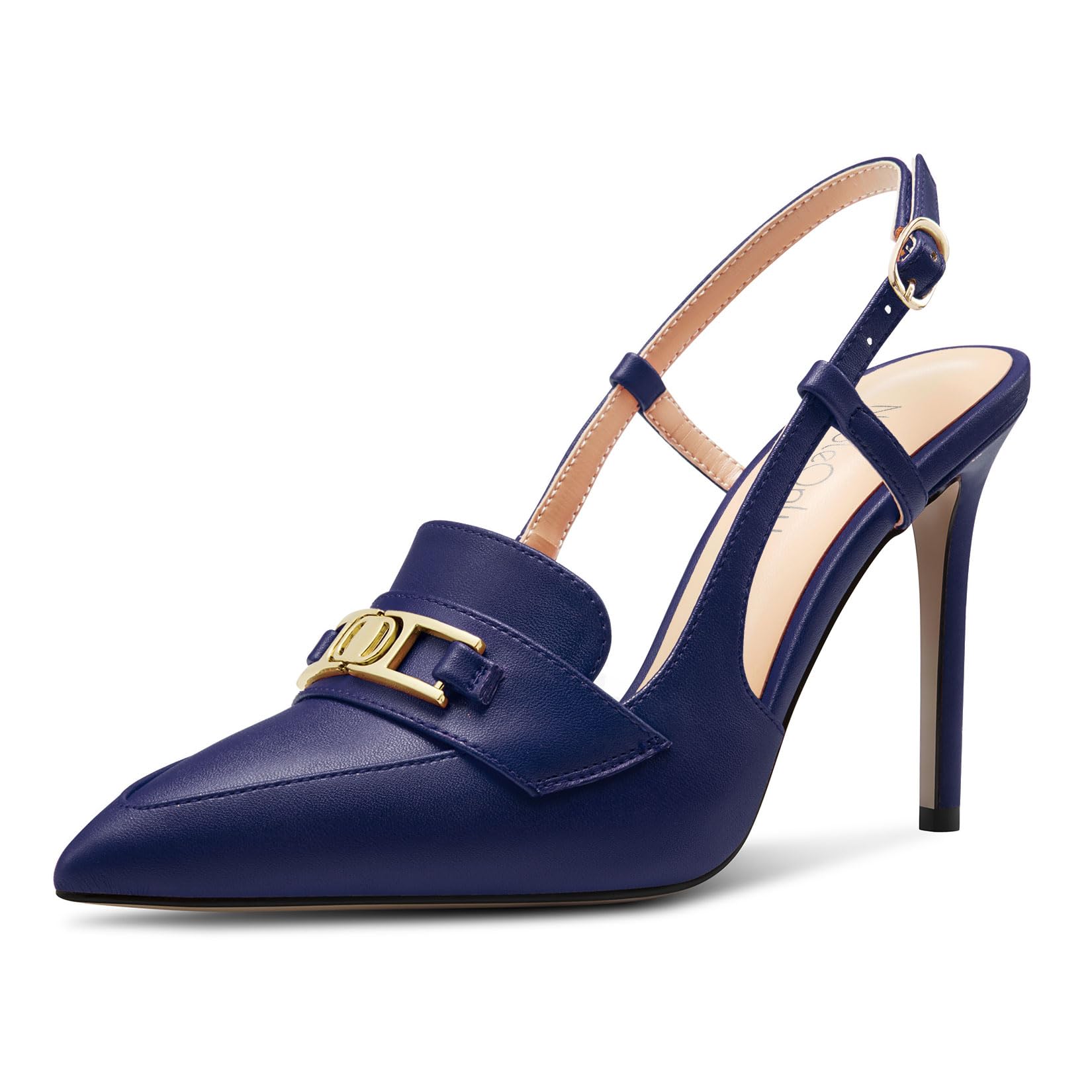 NobleOnly Womens Stiletto High Heel Pointed Toe Slingback Buckle Pumps Casual Office Dress Shoes 3.9 Inches Heels