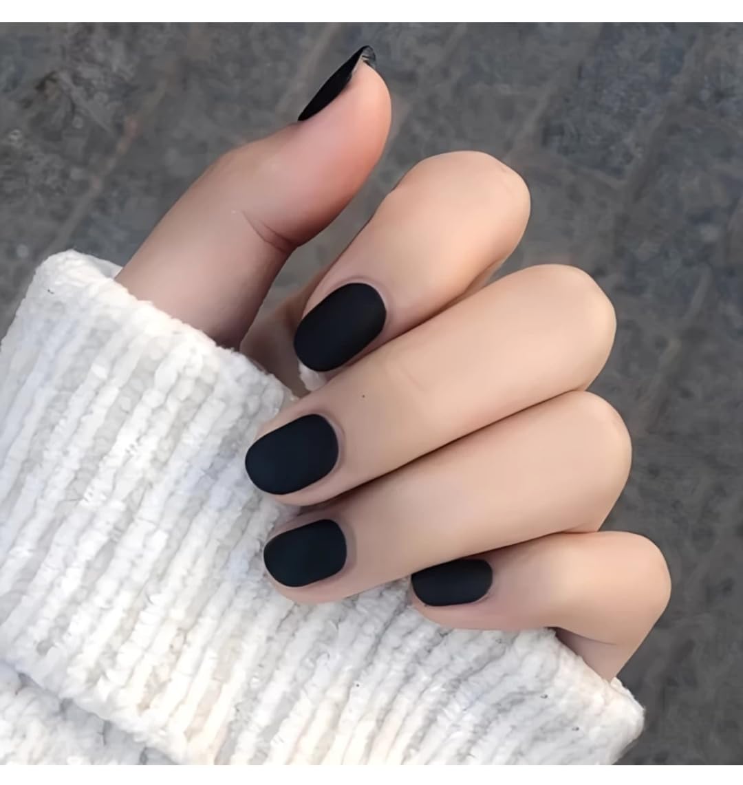 Artificial Nails: Matte Black Solid Plain Color/Shape Oval (Set of 12 with nail glue, nail file, cuticle pusher, cleaning wipe)-image-23