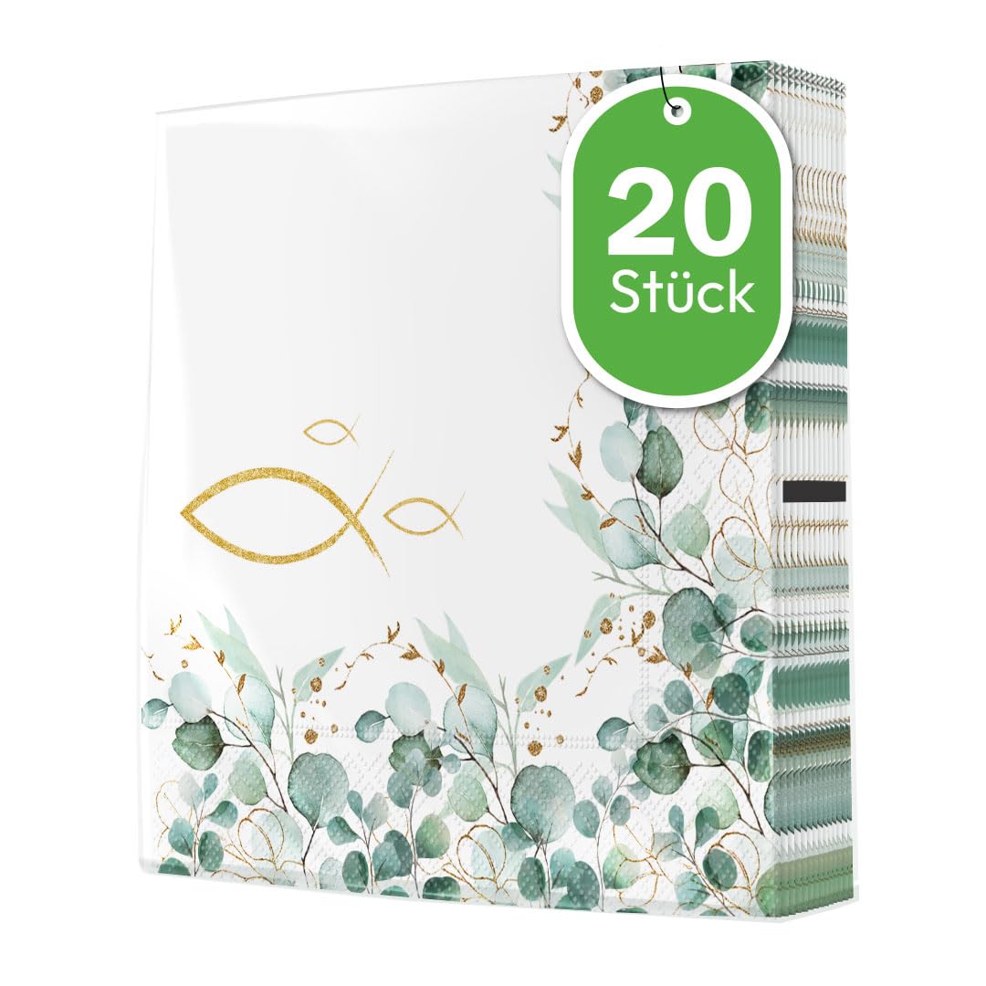 Tovaglioli per battesimo, 40 pezzi, per comunione, cresima, motivo pesce intorno all'eucalipto, tovaglioli di carta per battesimo, cresima, 34 x 34 cm