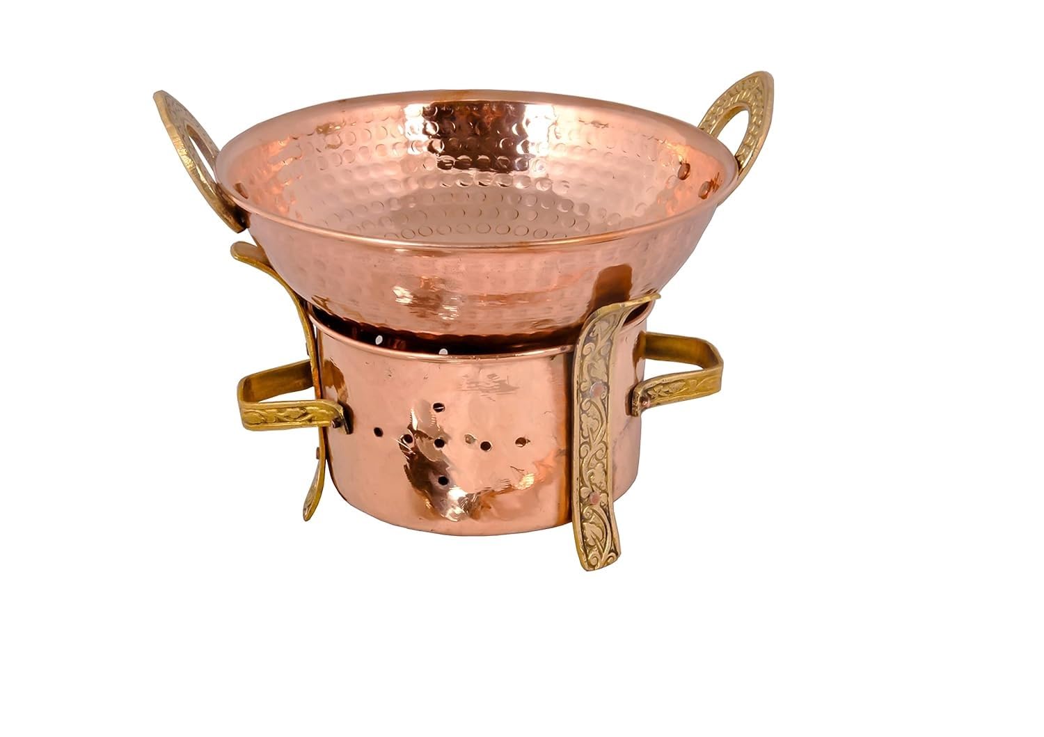 Nobel Balti Serving Dish & Antique Tea Light Food Warmer, Polished Copper & Stainless-Steel inner Layer for Currys Meal Double Insulated Dishes (Set of Copper Kadai & FoodWarmer - 15 cm)