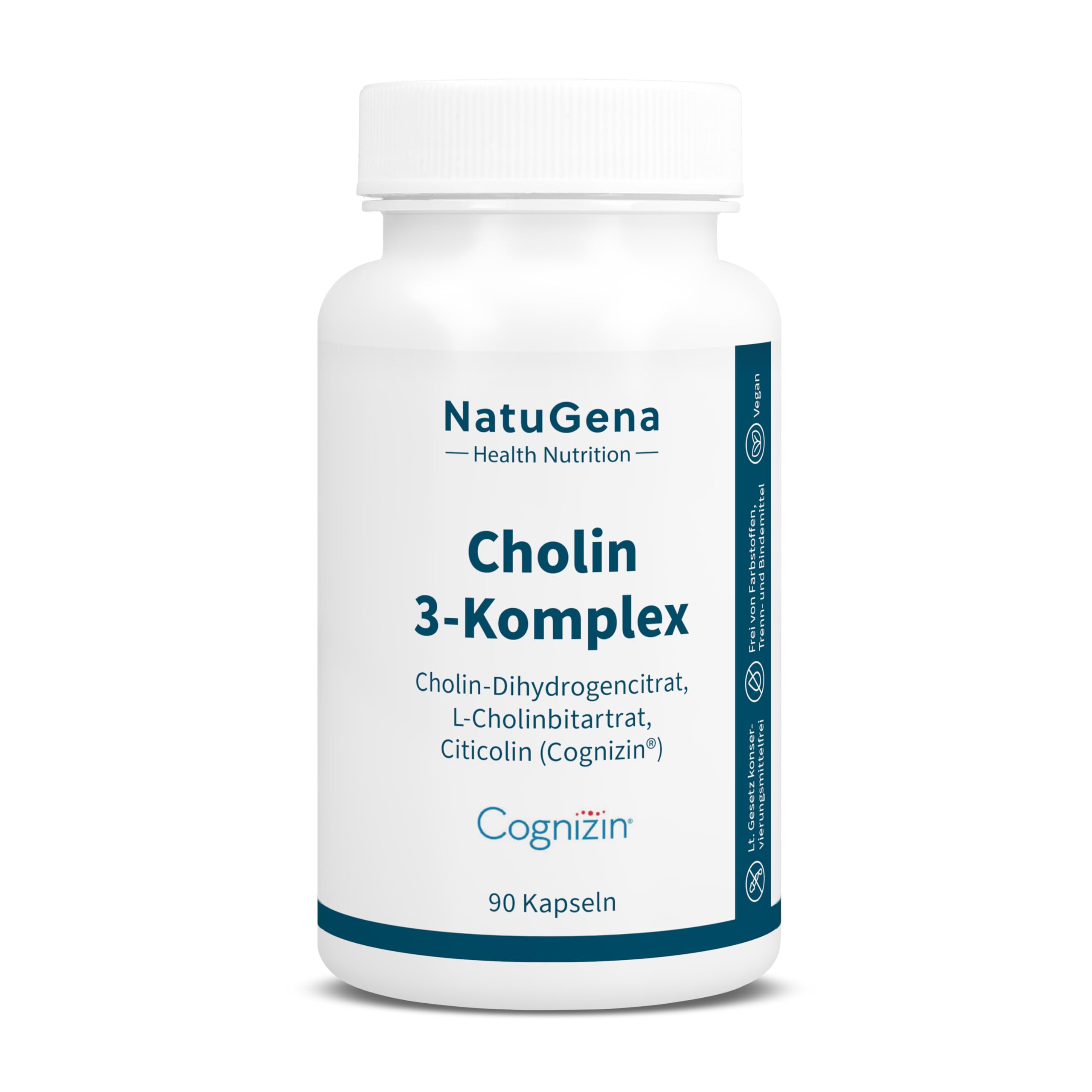 NatuGena Cholin-3-Komplex, 3 bioaktive Cholin-Formen - 191 mg Cholin-Dihydrogencitrat, bestmögliche Bioverfügbarkeit durch Citicolin, L-Cholinbitartrat, 60 Kapseln (1-Monats Packung)