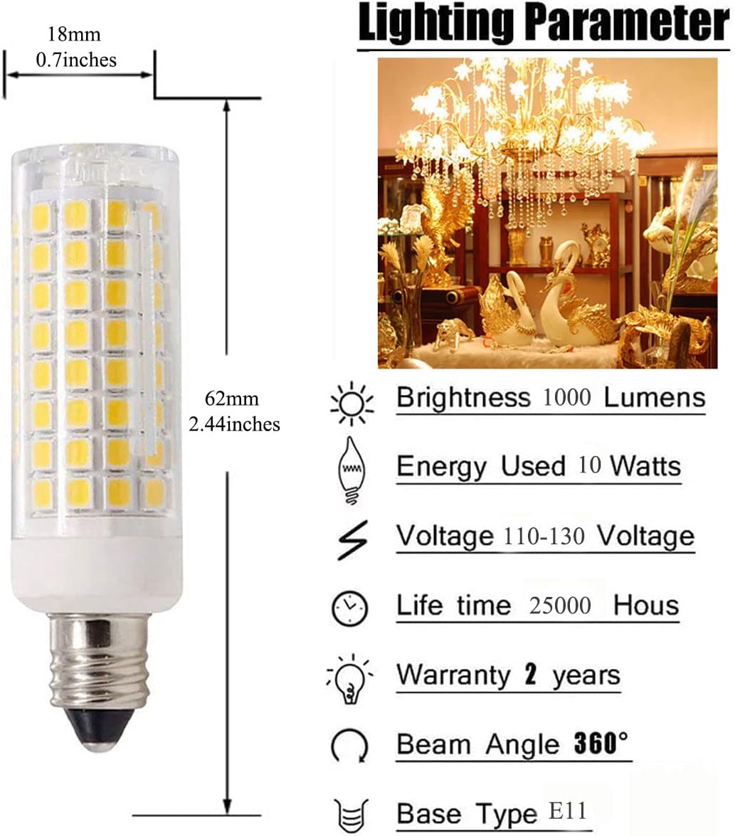 E11 LED Bulbs Dimmable10W (100W Halogen Equivalent), Warm White 3000K, 1200 Lumens for Home Lighting, 110V, CRI80, Dimmable, JD T4 E11 Mini Candelabra Base, 6-Pack