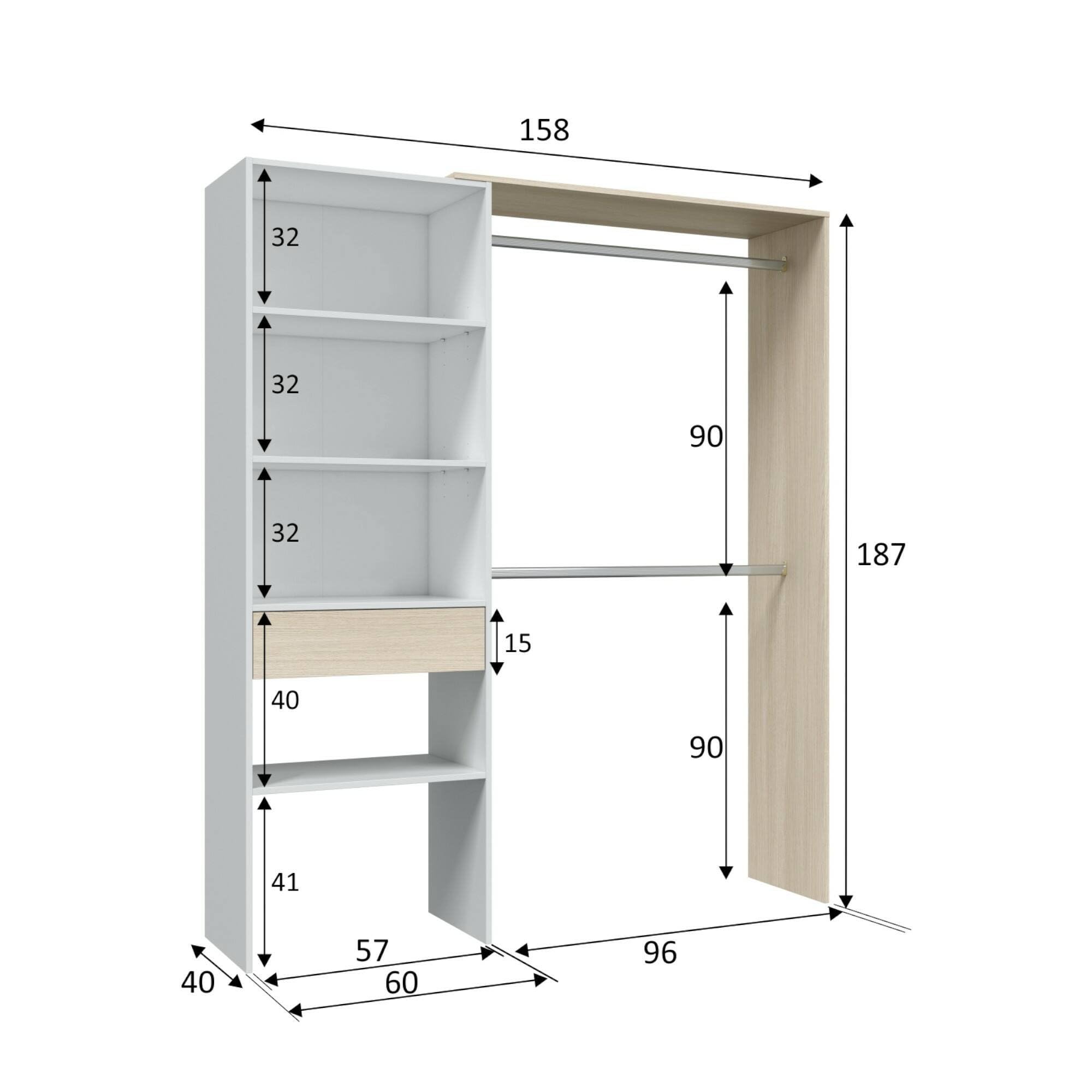 Dmora - Guardaroba grande Miramar, Struttura per cabina armadio, Armadio aperto senza ante, 158x40h187 cm, Bianco e Rovere