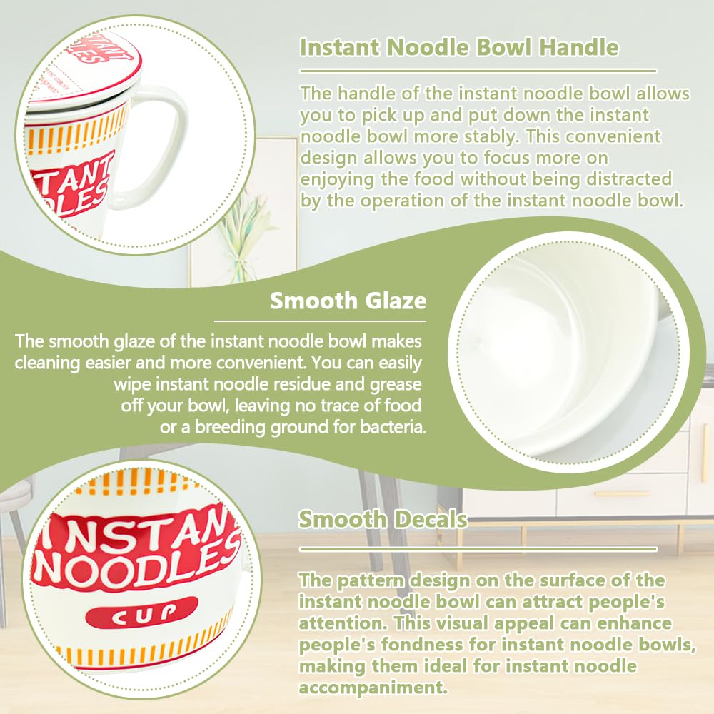 Tazón de Fideos Ramen Cuenco de Cerámica para Ramen con Tapa 1000ml Cuenco Fideos Instantáneos con Set de Cuchillo Tenedor y Cuchara Tazón de Sopa con Asa para Ramen Pasta Ensaladas Snacks