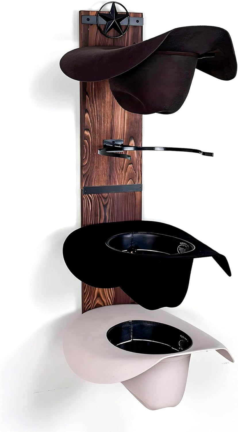 Cowboy Hat Rack for Wall | Western Hat Hanger | Rustic Wood and Metal Holder