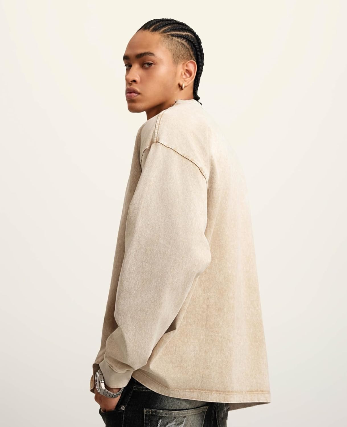 KEEPSHOWING Men's Oversized T Shirts Long Sleeve Shirts for Men Vintage Acid Wash Comfort Colors Crewneck Sweatshirt - Image 4