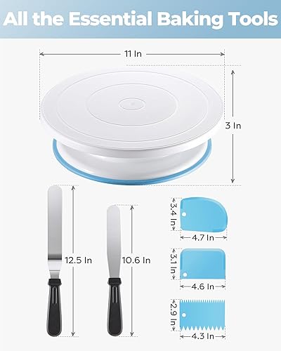 Miniatura 7 de Kootek Kit de decoración de tartas, suministros para hornear, tocadiscos con 2 espátulas rectas en ángulo esmerilado, 3 raspadores más suaves para