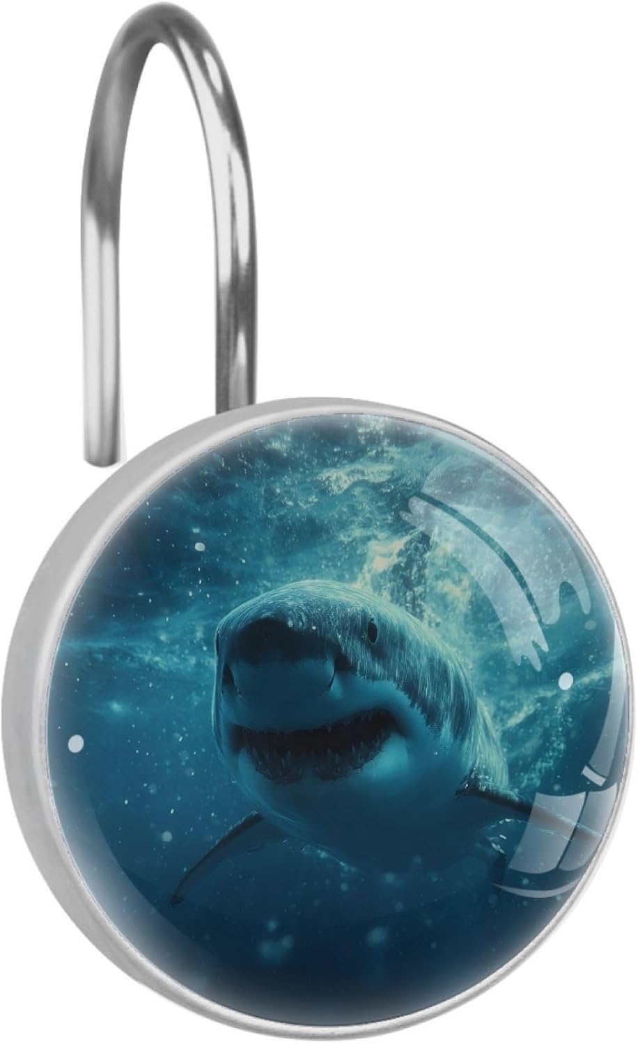 Ocean Shark Shower Curtain Hooks Rings, Round 12 Pcs Resin Glass Shower Curtain Hangers for Bathroom, Rust Proof Stainless Steel Shower Hooks for Shower Curtain Rod