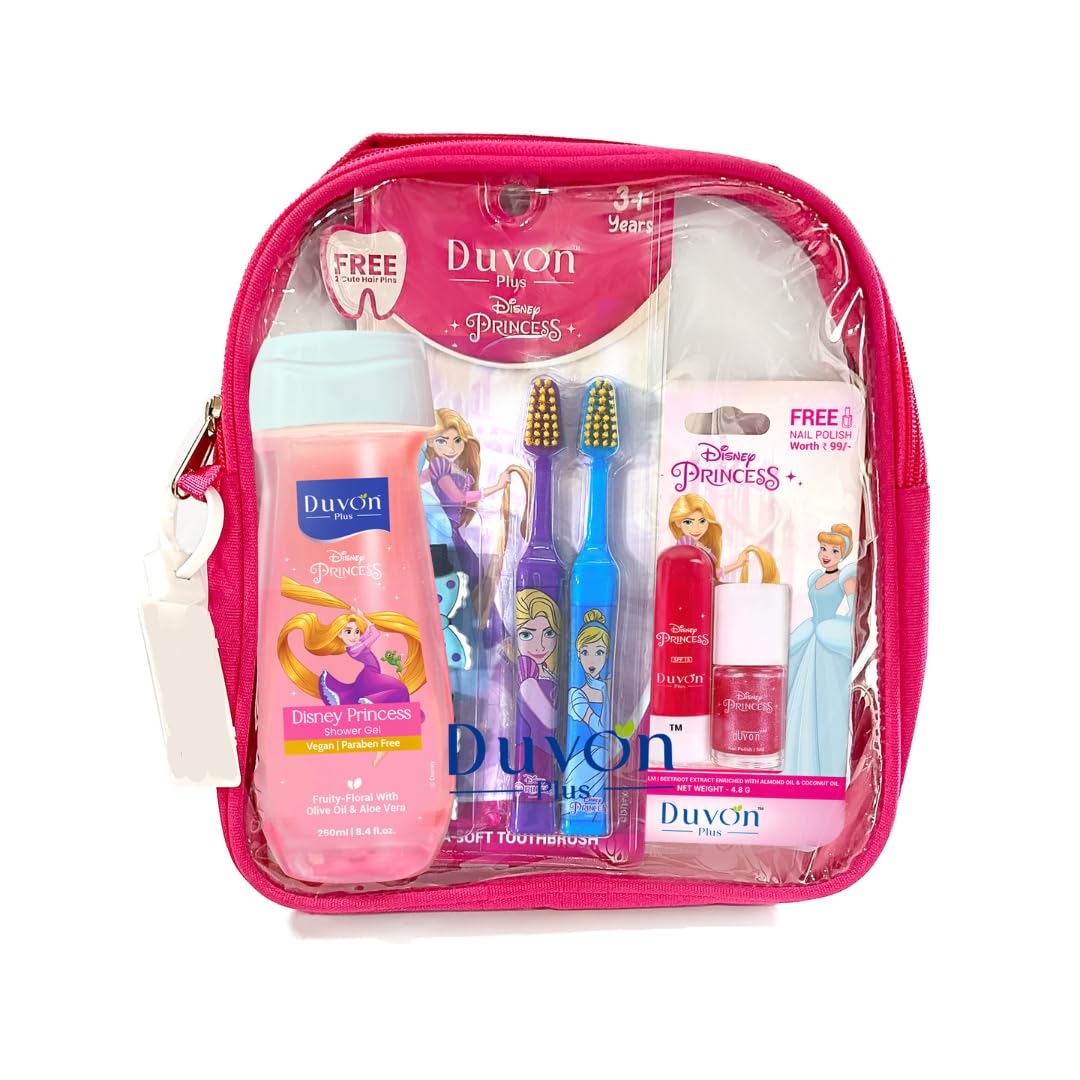 Disney Princess Kids Bath & Oral Care Gift Set | Shower Gel, 2 Extra-Soft Toothbrushes with Hair Pins, Lip Balm & Nail Polish with Travel Bag | For Girls 3+ Years-image-1