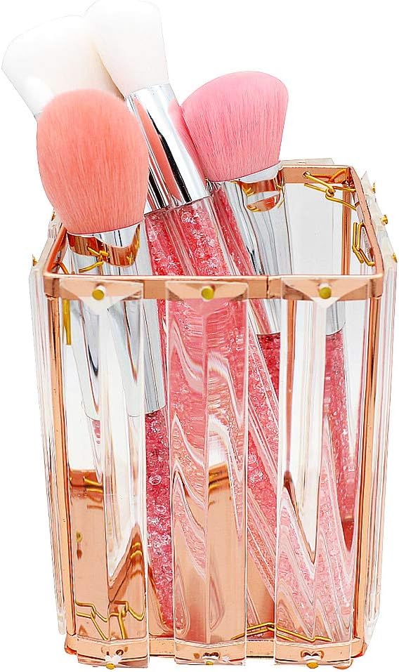 SIPLIV Crystal Makeup Brush Holders Pen Holder Cosmetic Storage Holder Beauty Brush Holder Office Desk Organizer - Square, Rose Gold