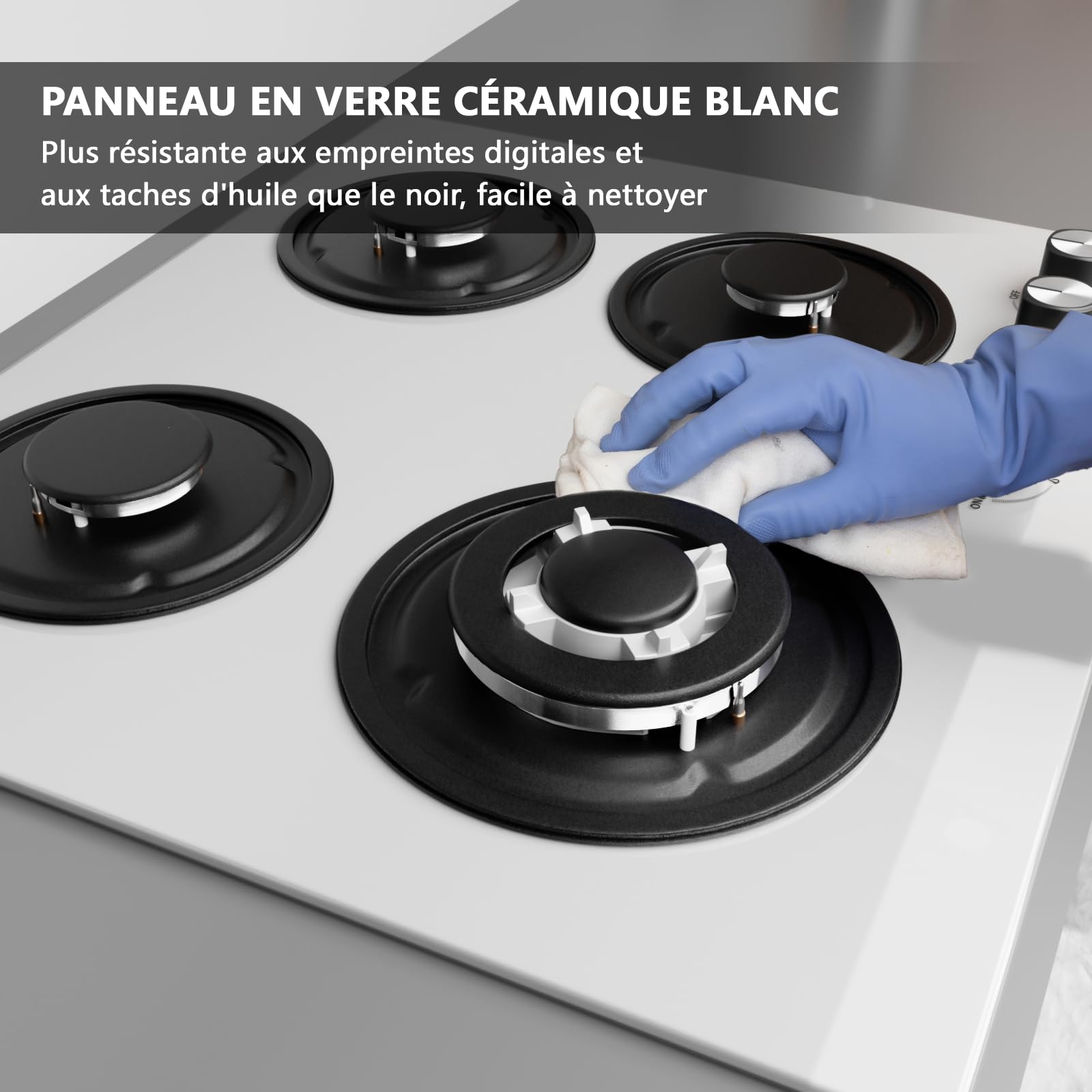 Plaque Gaz 4 Feux Blanc IsEasy Table de Cuisson 60cm Encastrable Gaz Ville et Bouteille Verre