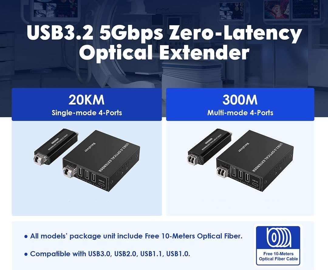 PremiumCord Extender Ottico USB a 4 Porte fino a 300 m, USB 3.2 SuperSpeed ​​5 Gbit/s, Extender in Fibra Multimodale, Alloggiamento In Metallo, Nero
