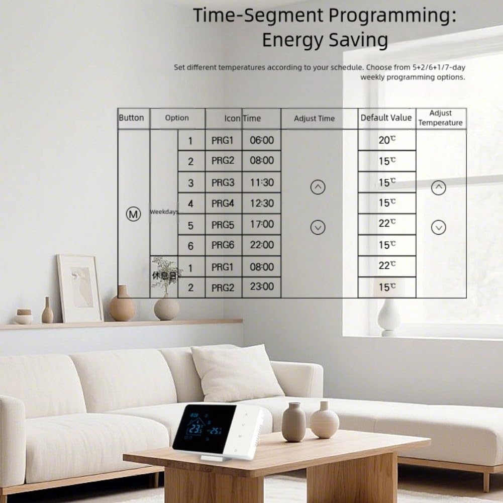 Thermostat intelligent, contrôleur de chauffage, application Tuya, contrôle de la chaudière sans fil, compatible vocal, précision ± 0,5 °C, 6 périodes quotidiennes, anti-gel, verrouillage