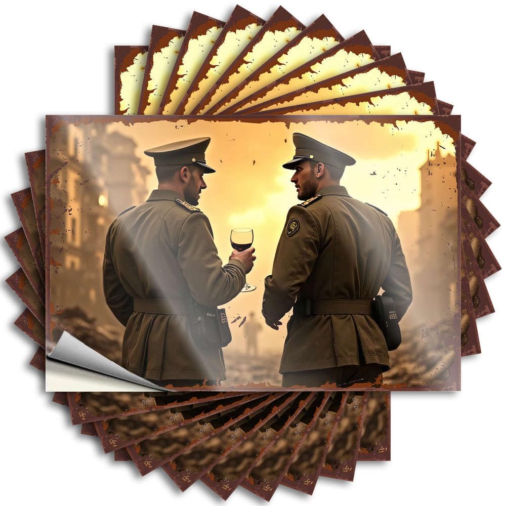 Sets, Decals Outside Door Two Soldiers in Uniform Share A Glass of Wine Amidst Ruins | Autumn Waterproof Vinyl Stickers(8X12CM)