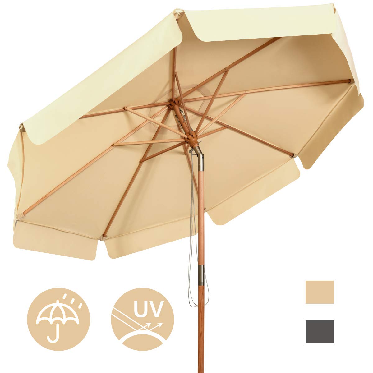 KOMFOTTEU Ombrellone da Giardino 3 m Regolabile in Altezza | Parasole in Legno di Faggio, con 8 Montanti, Manovella con Angolo Inclinazione 30°, senza Base, Beige