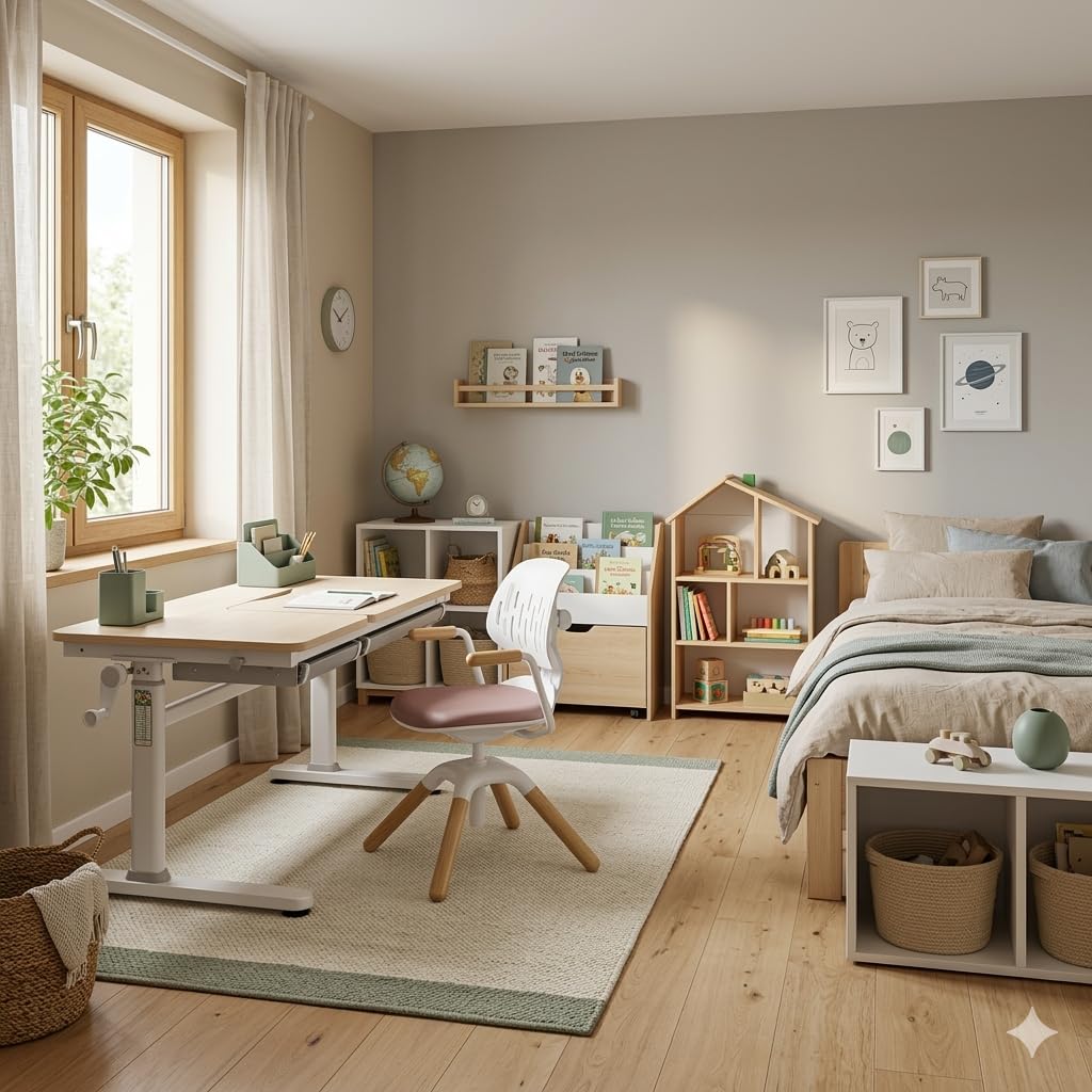HOKO Kinderschreibtisch, Höhenverstellbar Kinderschreibtische 120x60 cm, Schreibtisch Kinder ab 6 Jahren, neigbare Tischplatte mit Schubladen, 100kg Belastbarkeit, Verstellbar von 54-76cm (Holz,CELIN)