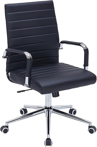 Silla de escritorio moderna de oficina con respaldo medio, silla ejecutiva ergonómica acanalada de piel sintética, silla de trabajo giratoria