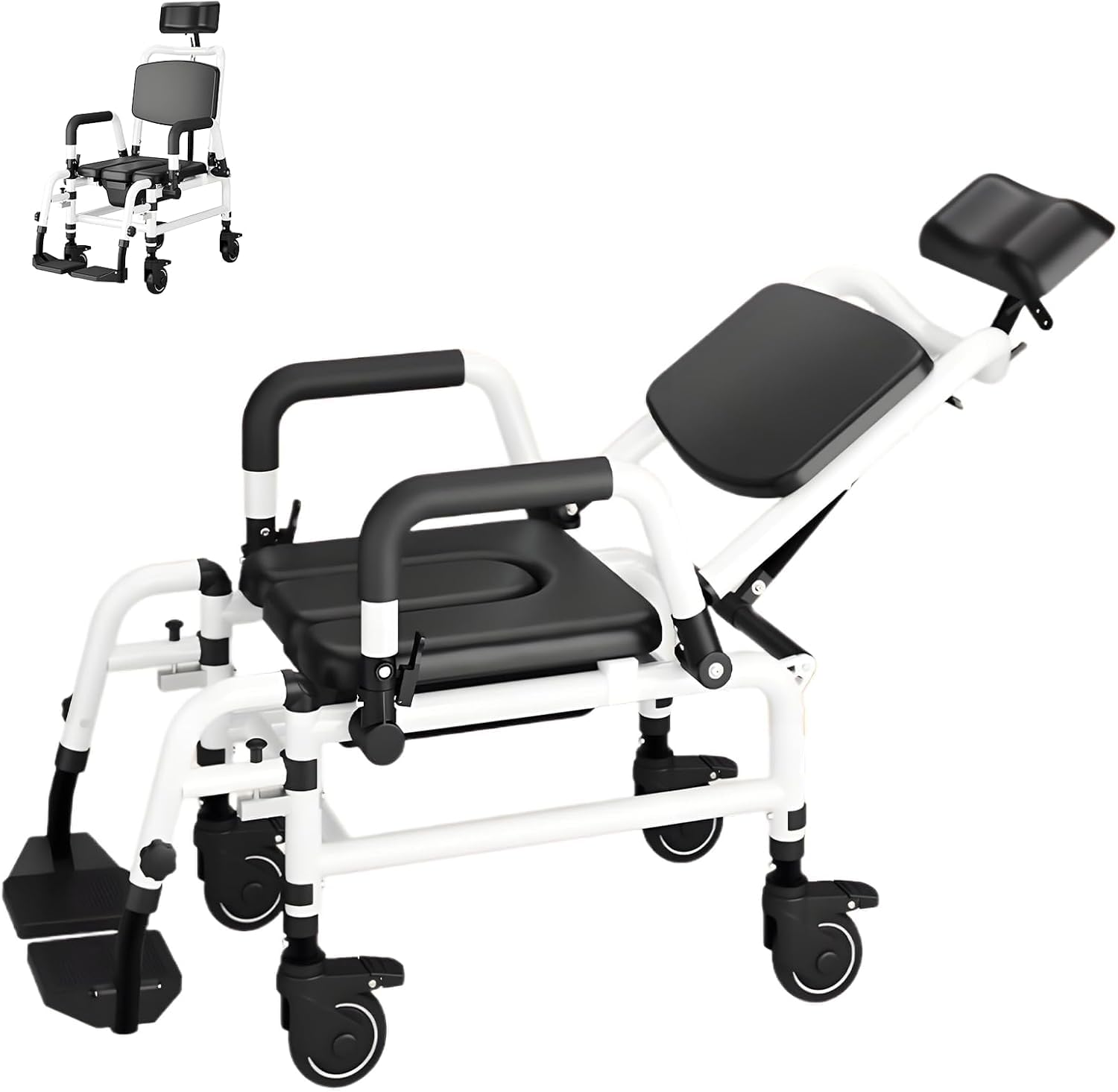 GZGHRZQS Commode Chair for Toilet, Disabled Shower Chair, Wheeled Commode Chair, with Soft Seat Padding and Brakes, Tilt-In-Space Reclining Shower Toilet Wheelchair with Commode Pail