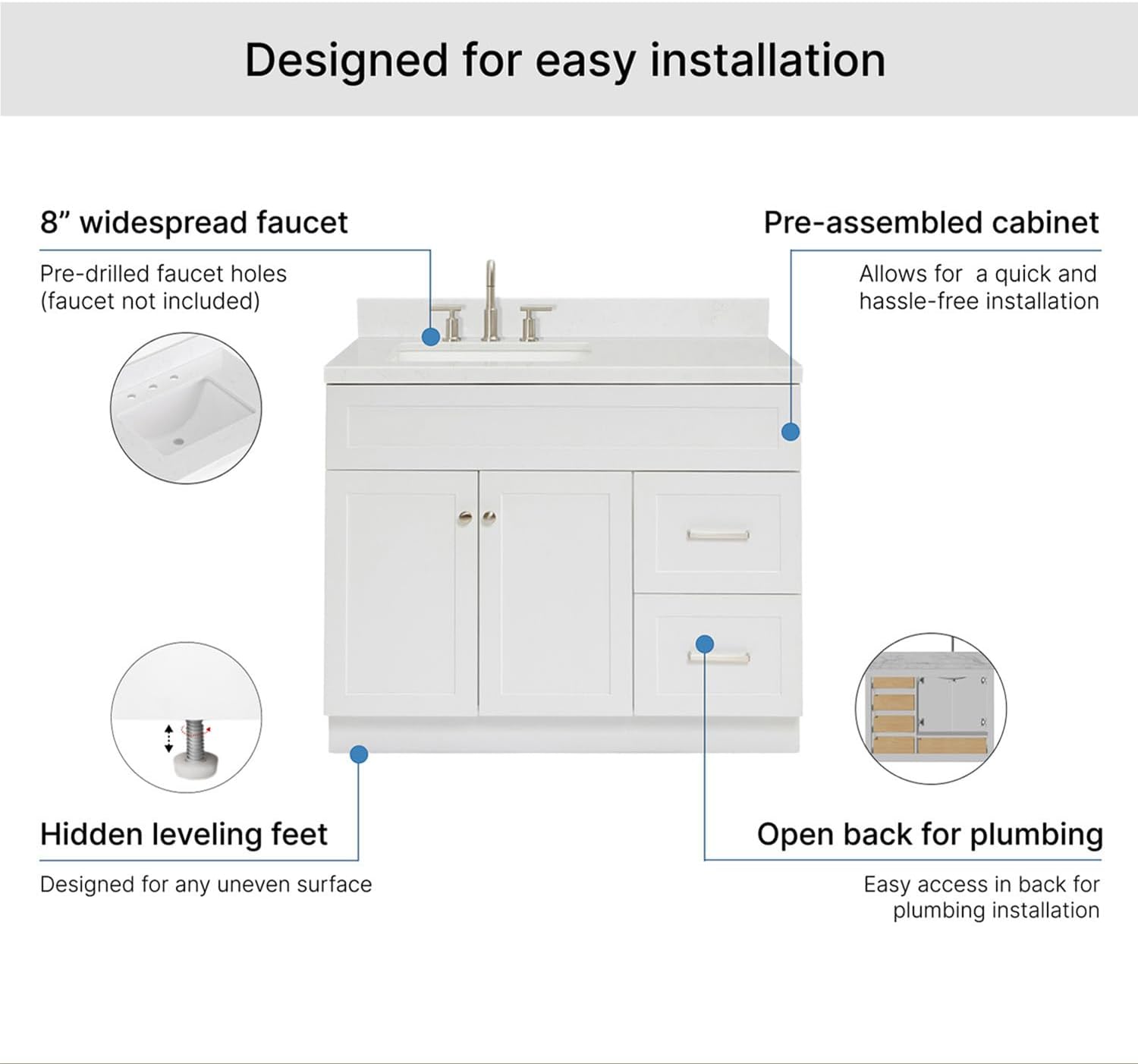 ARIEL Hamlet 42-inch Bathroom Vanity with Sink,Solid Wood, 1.5-inch Carrara White Quartz Countertop & Backsplash, Single Rectangular Porcelain Sink, 2 Soft Closing Doors, 2 Dovetail Drawers, White