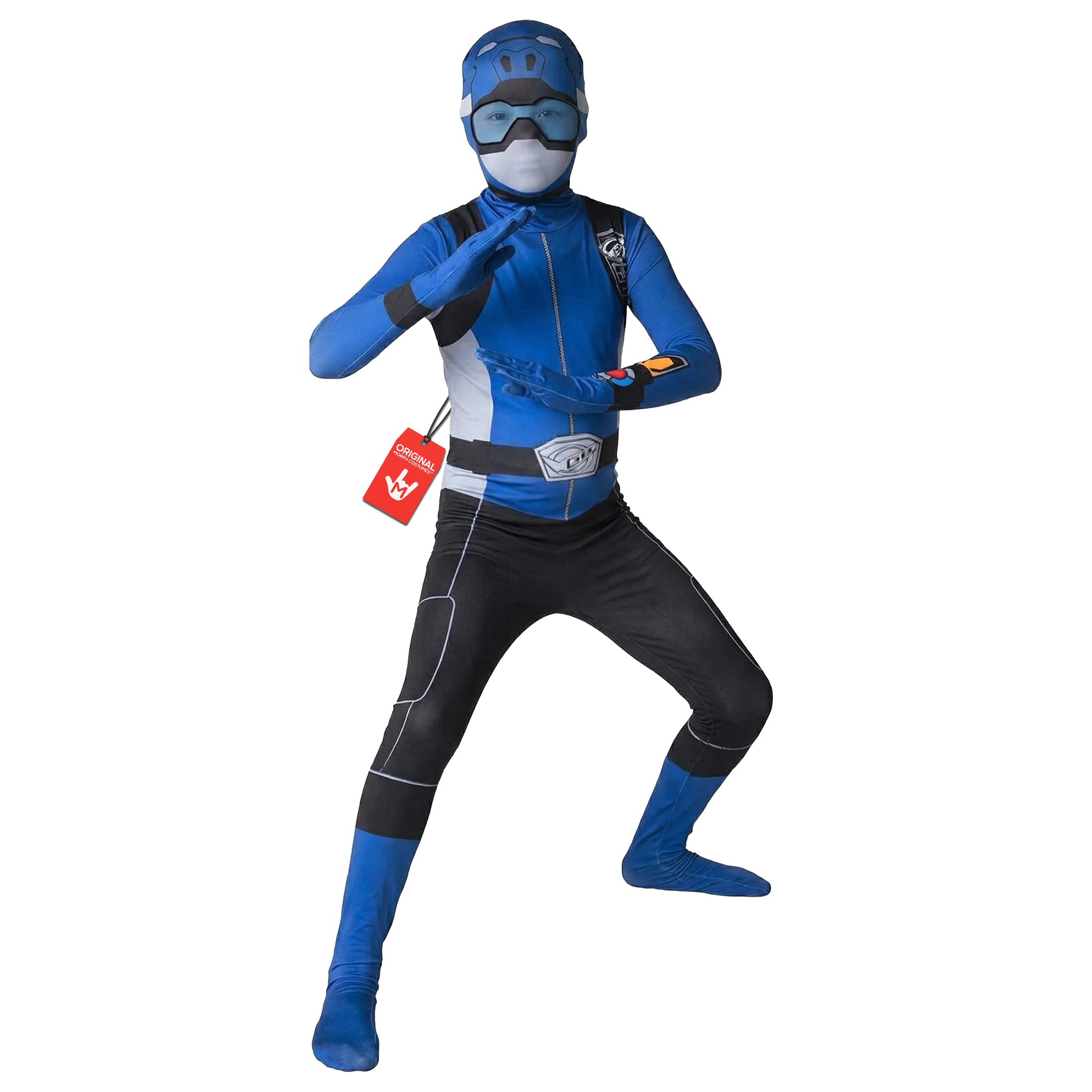 Morphsuits Costume Power Ranger Blu Bambino, Tuta Halloween Bambino | Tuta Integrale con Cappuccio e Visiera, Design Ranger Blu, Chiusura con Zip, Perfetto per Halloween, Ideale per il Cosplay